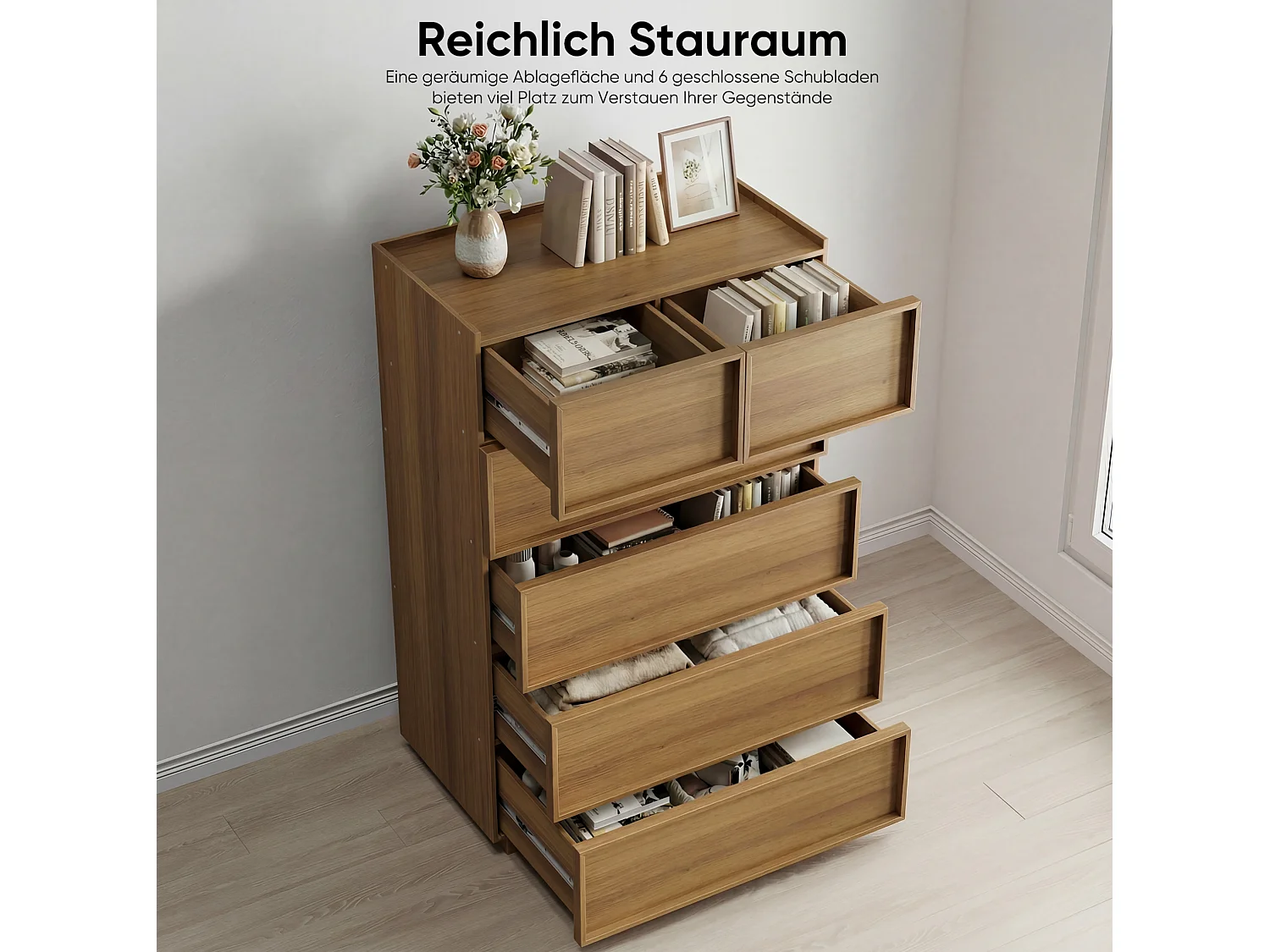 Ladekast met 6 lades - Donkere natuurlijke afwerking 80 x 48 x 127.5 cm