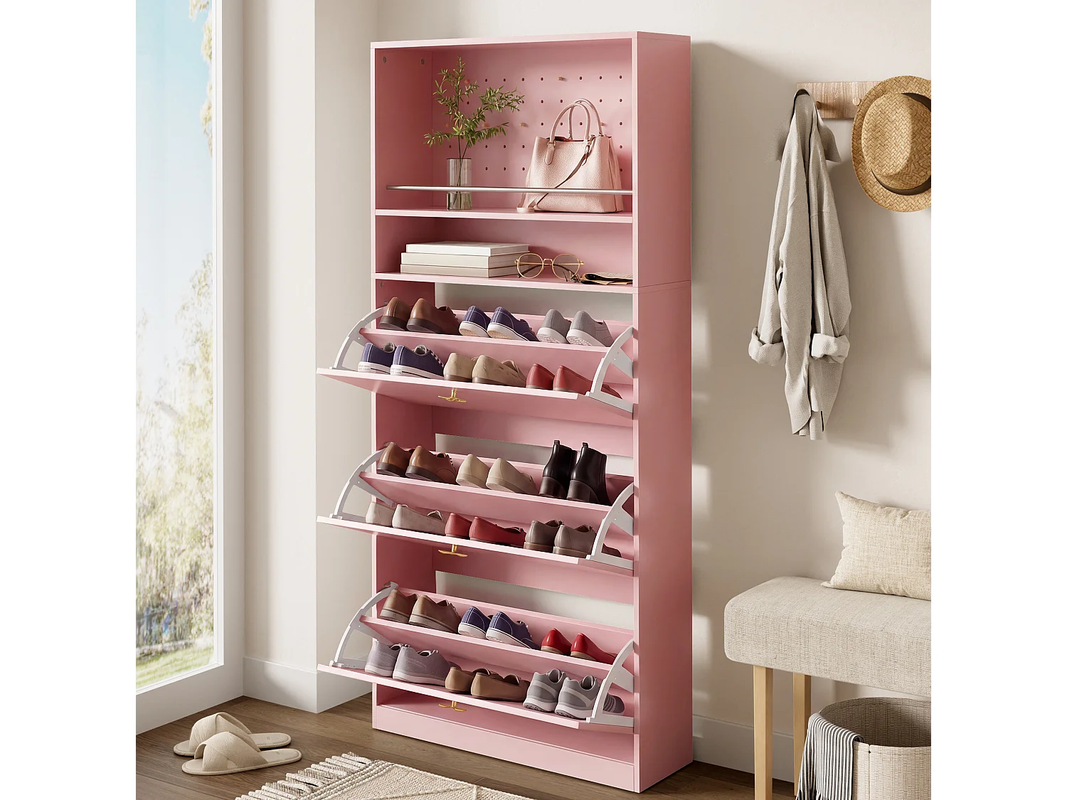 Meuble à chaussures avec 3 compartiments rabattables - Rose 80 × 24 × 178,5 cm