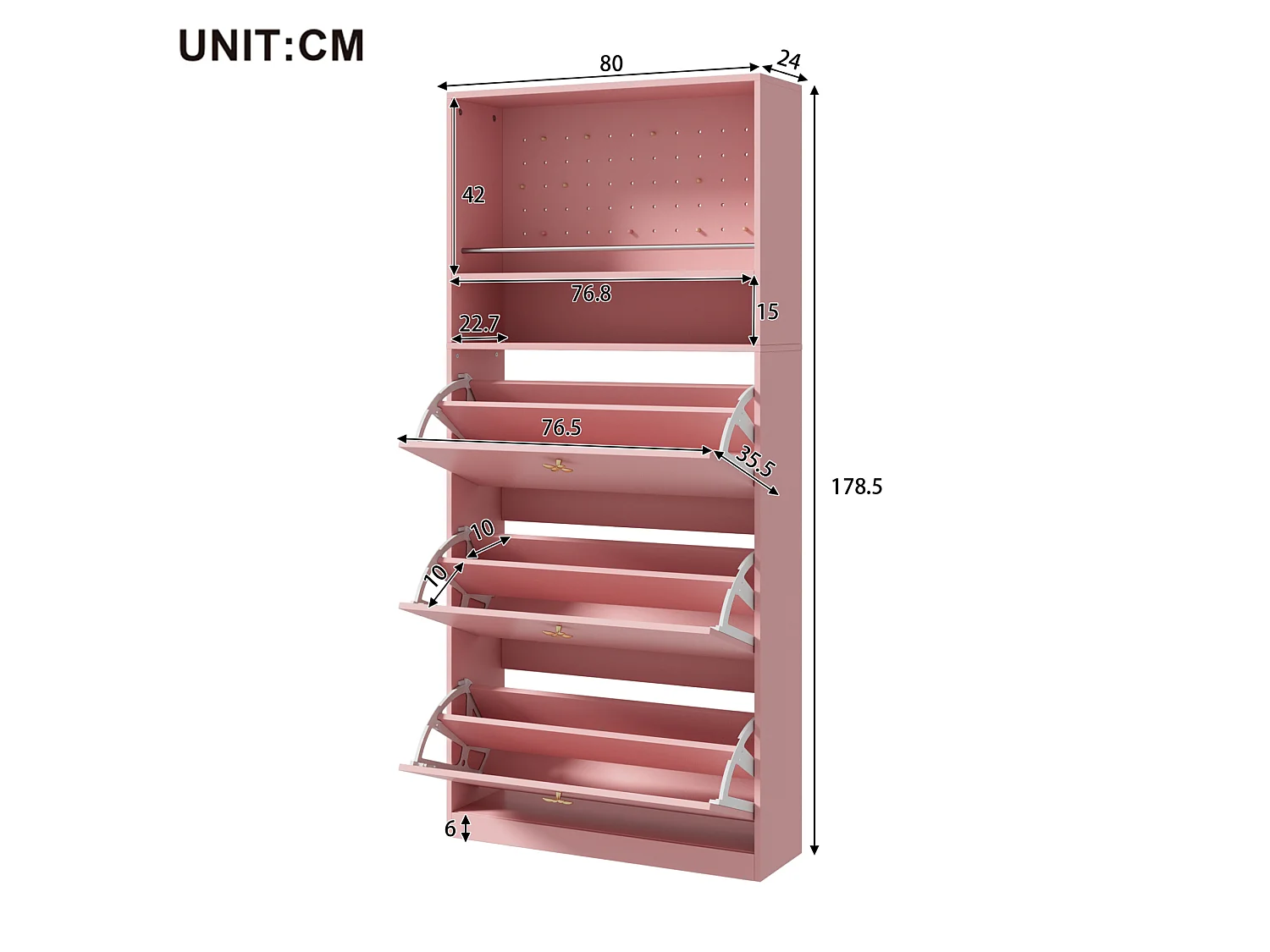 Meuble à chaussures avec 3 compartiments rabattables - Rose 80 × 24 × 178,5 cm
