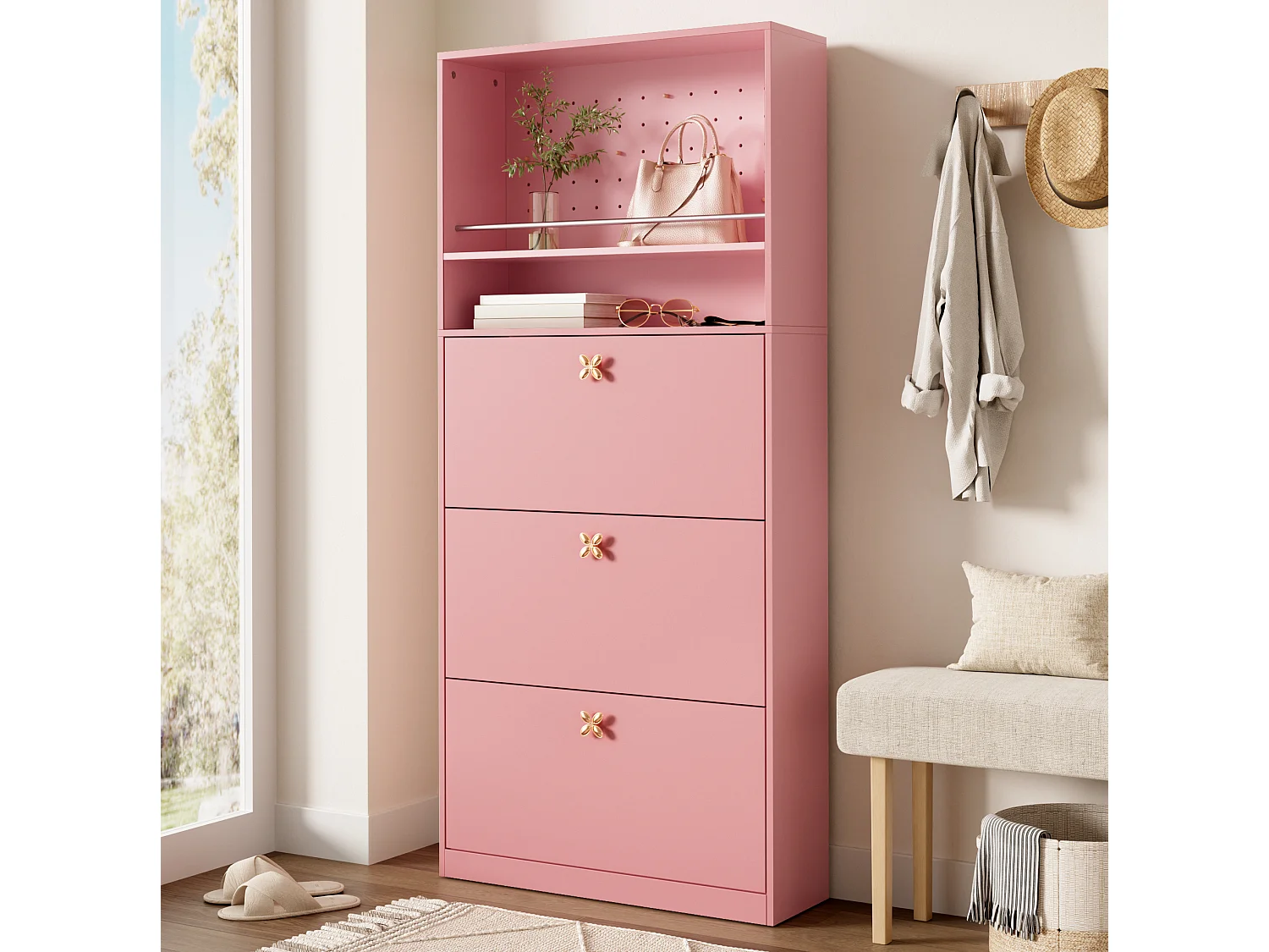 Meuble à chaussures avec 3 compartiments rabattables - Rose 80 × 24 × 178,5 cm