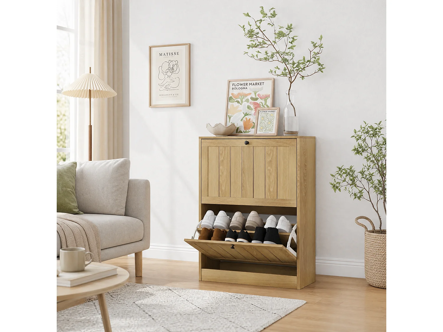 Meuble à chaussures 60 cm avec 2 tiroirs abattants - Naturel clair