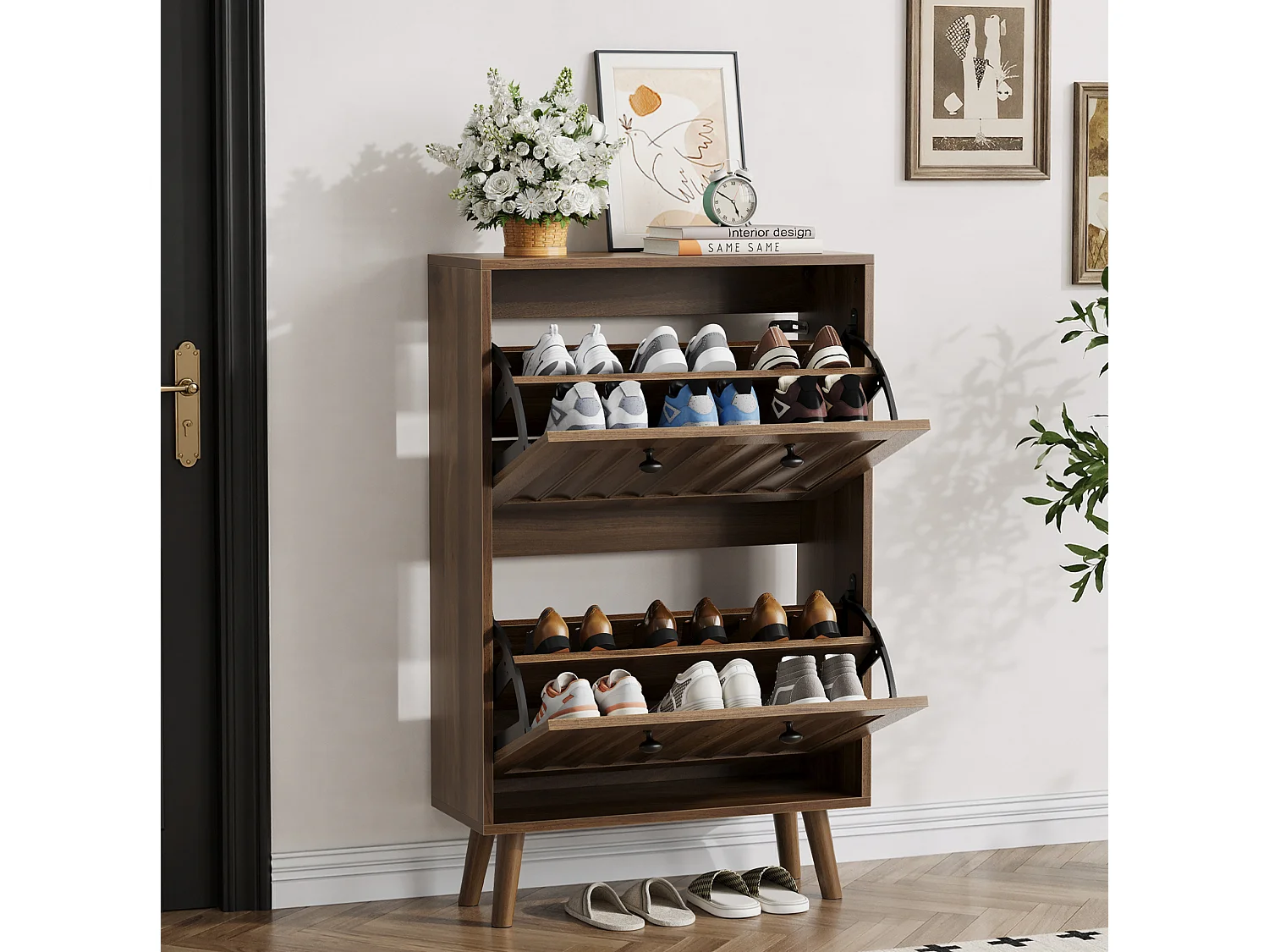 Meuble à chaussures 60 cm avec 2 portes rabattables - Marron