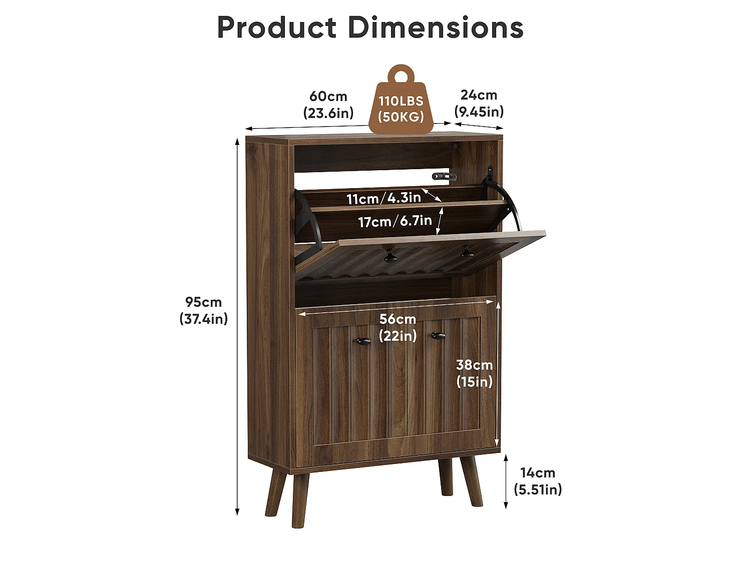 Meuble à chaussures 60 cm avec 2 portes rabattables - Marron