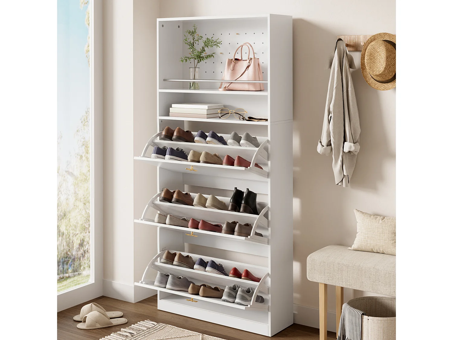 Meuble à chaussures avec 3 compartiments rabattables - Blanc 80 × 24 × 178,5 cm