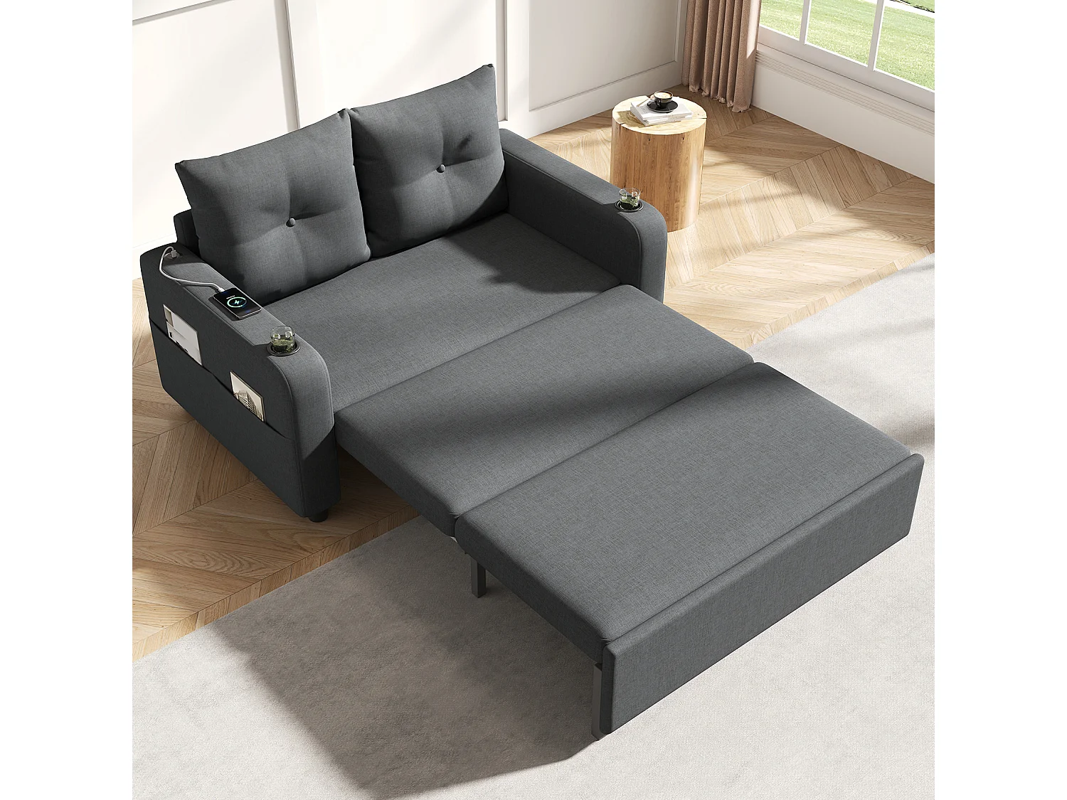 Divano letto in tessuto a 2 posti con porte USB/Type-C e cuscini - Grigio
