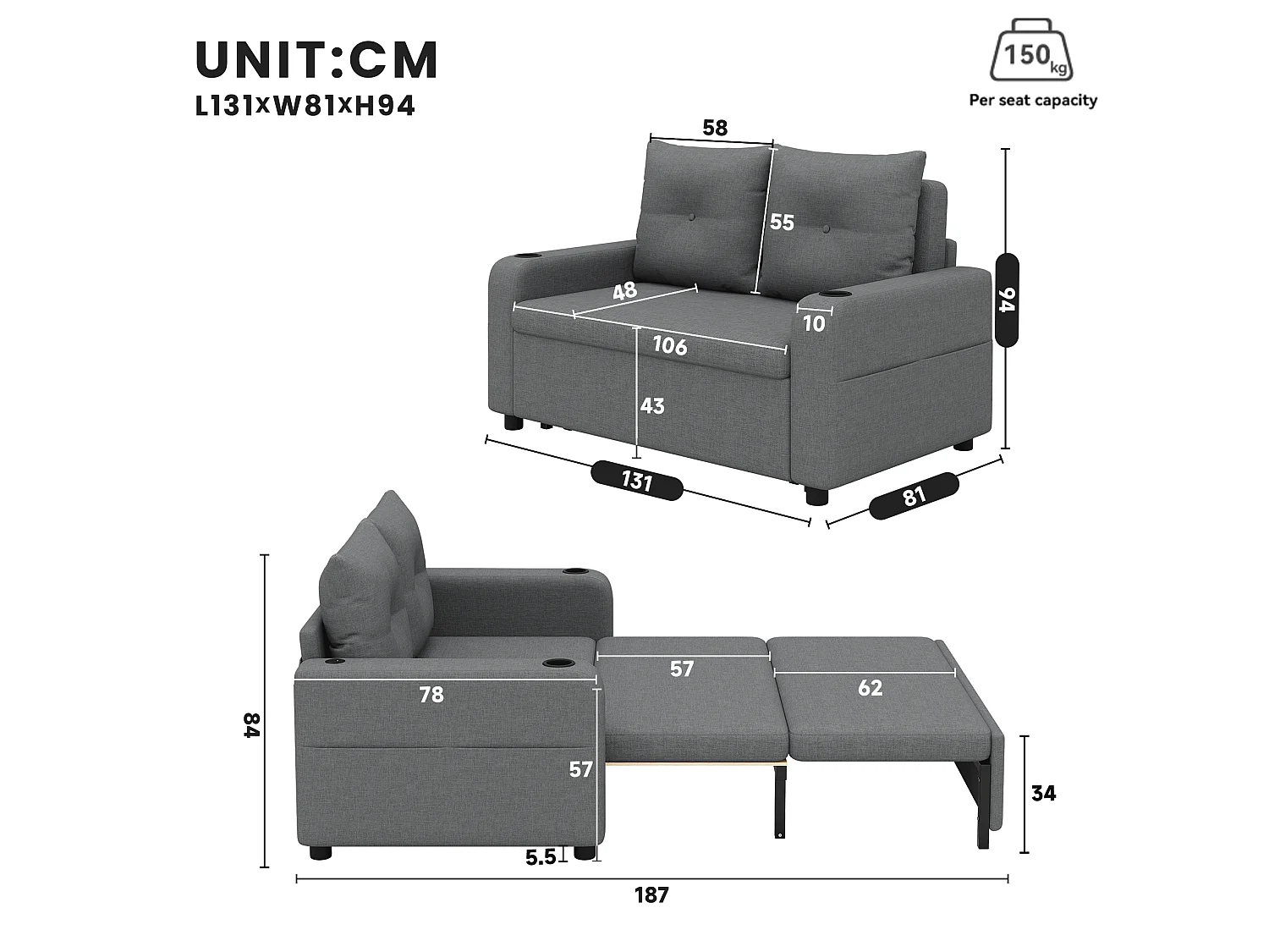 Divano letto in tessuto a 2 posti con porte USB/Type-C e cuscini - Grigio