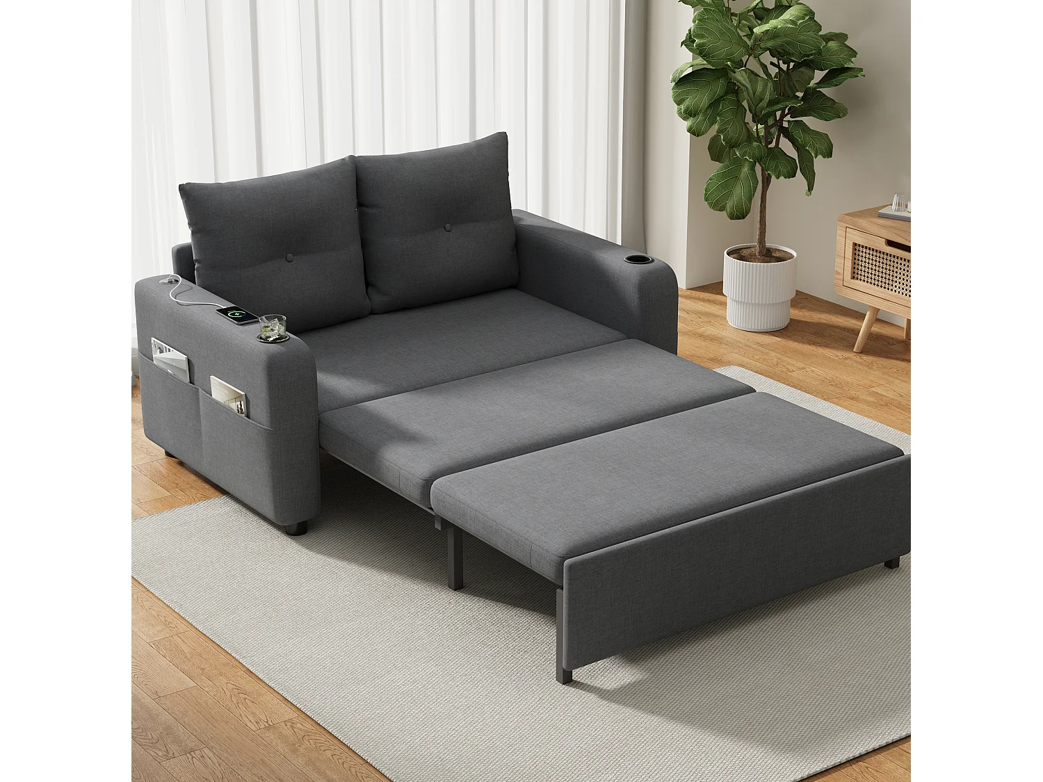 Divano letto in tessuto a 2 posti con porte USB/Type-C e cuscini - Grigio