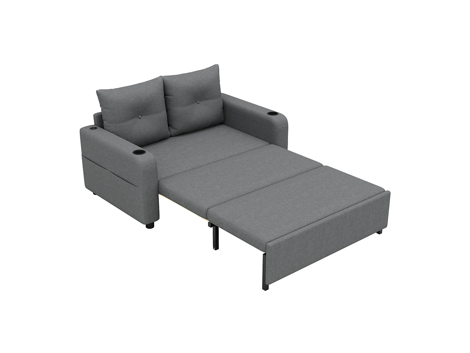 Divano letto in tessuto a 2 posti con porte USB/Type-C e cuscini - Grigio
