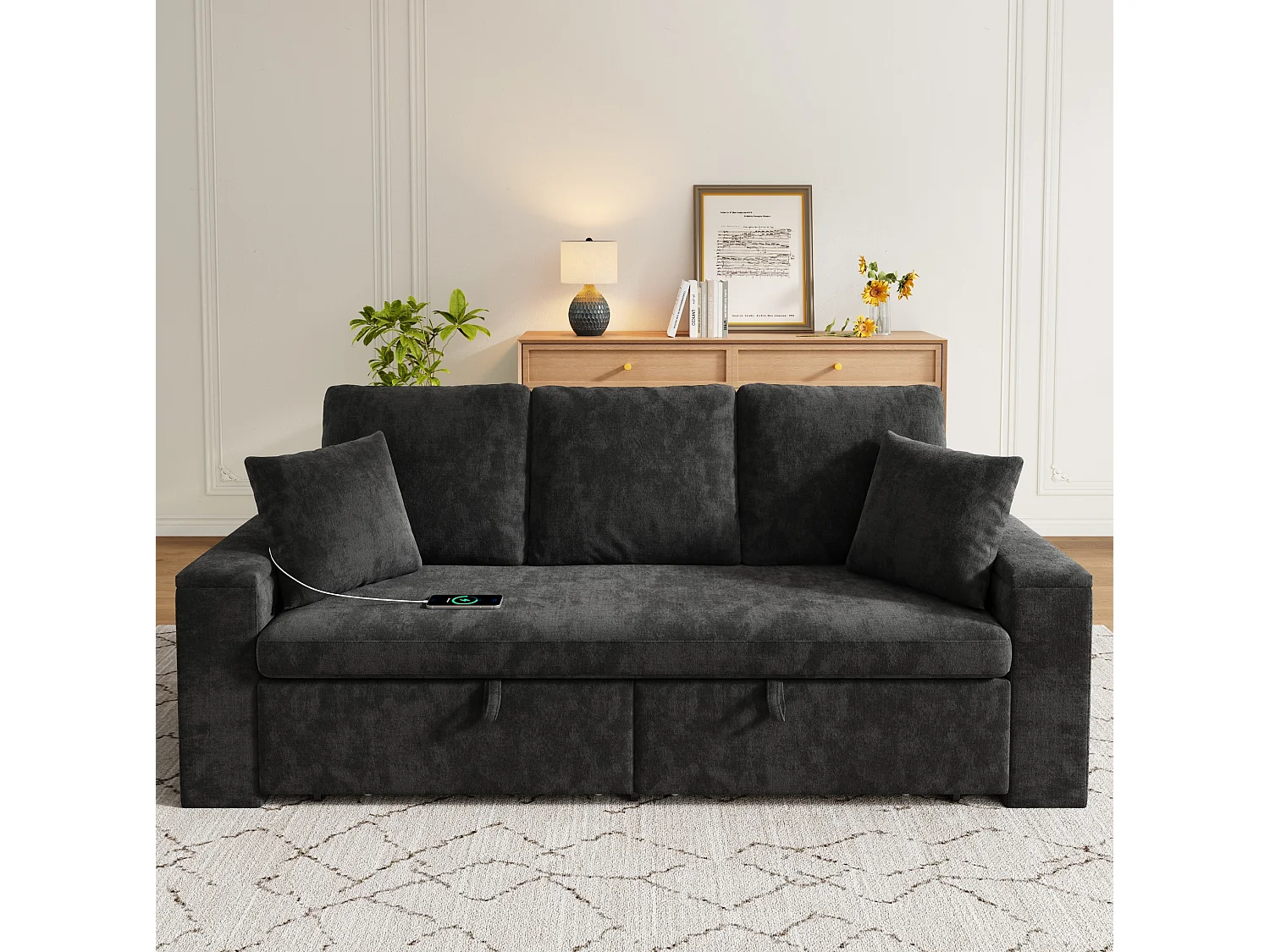 Canapé convertible 3 places en chenille avec USB/Type-C et rangements - Gris