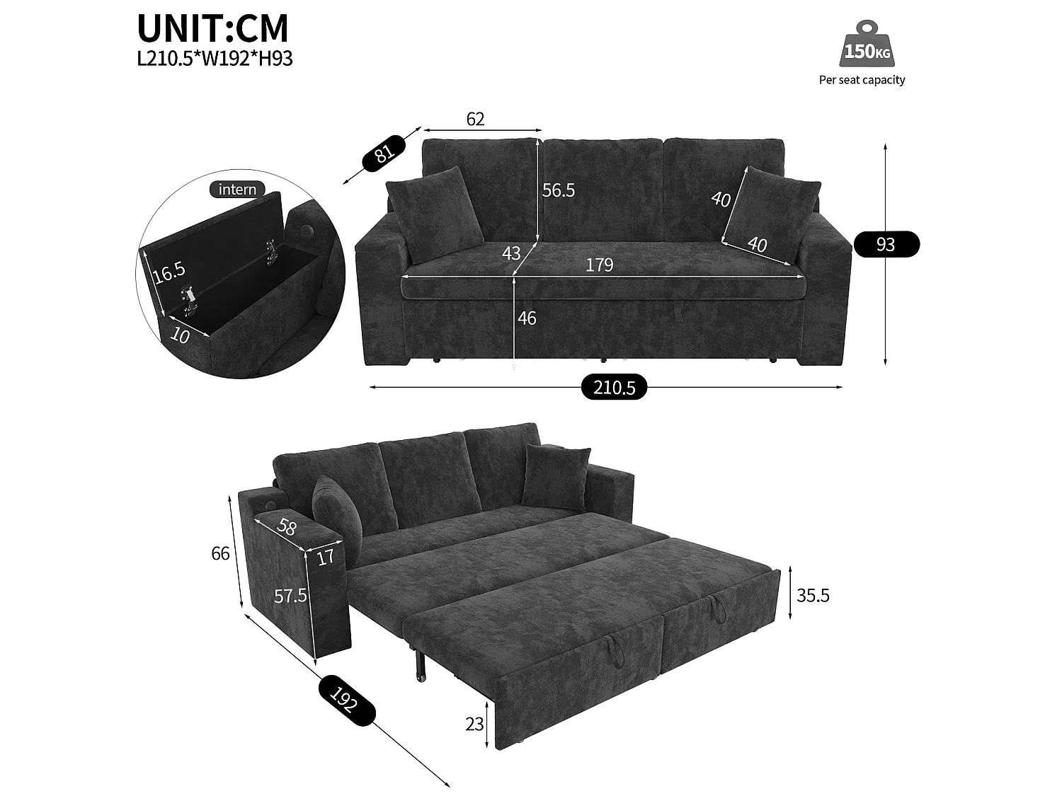 Canapé convertible 3 places en chenille avec USB/Type-C et rangements - Gris