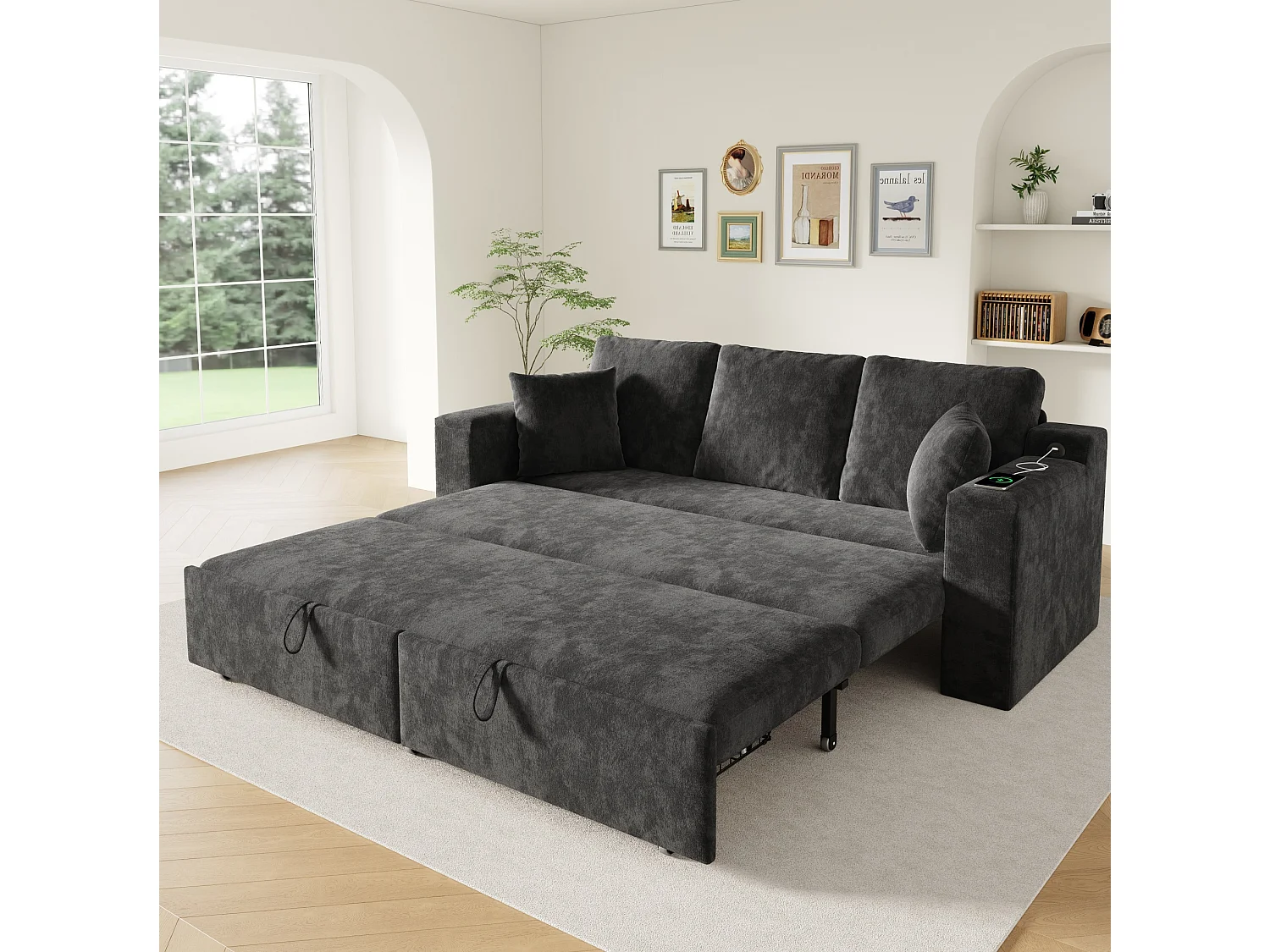 Canapé convertible 3 places en chenille avec USB/Type-C et rangements - Gris