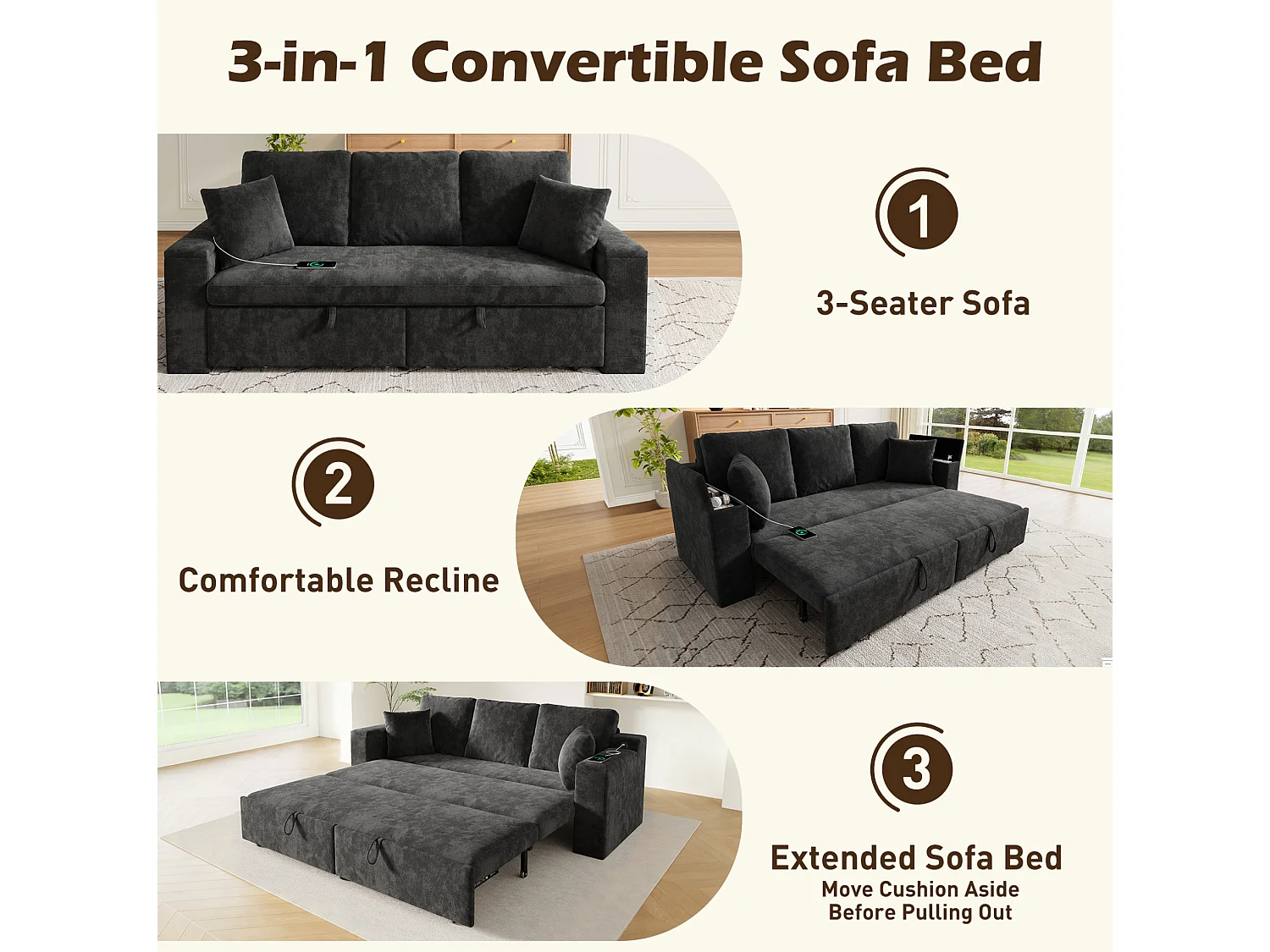Canapé convertible 3 places en chenille avec USB/Type-C et rangements - Gris