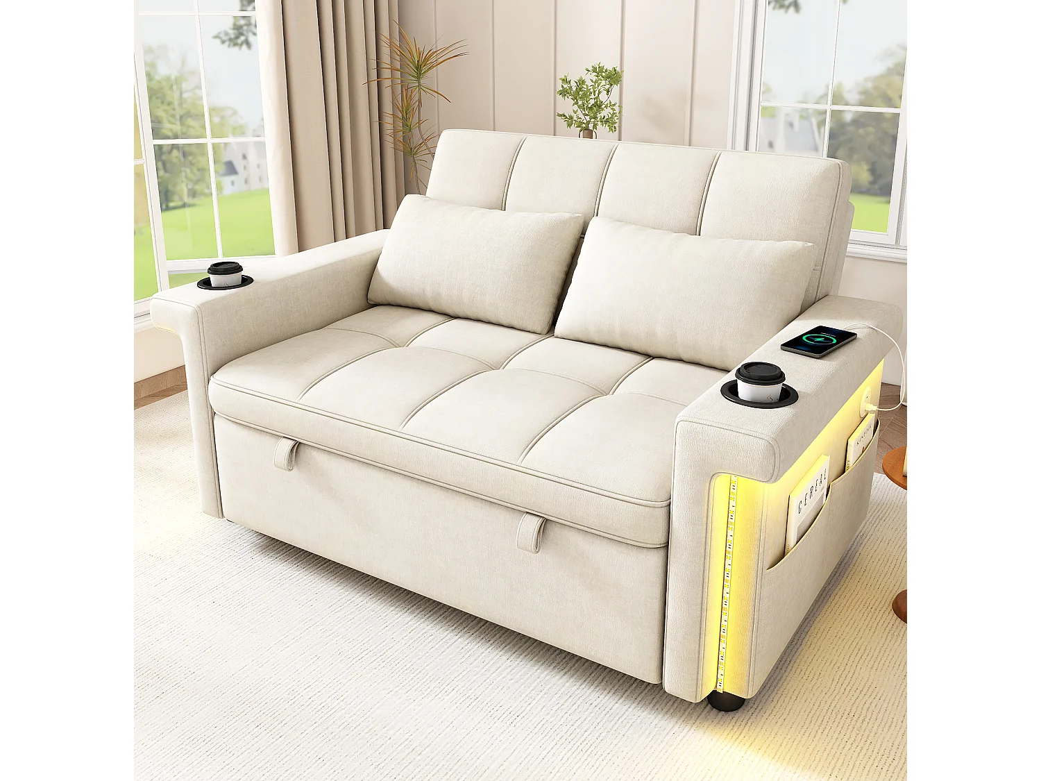 Divano letto a 2 posti con LED e USB/Type-C - Ciniglia beige