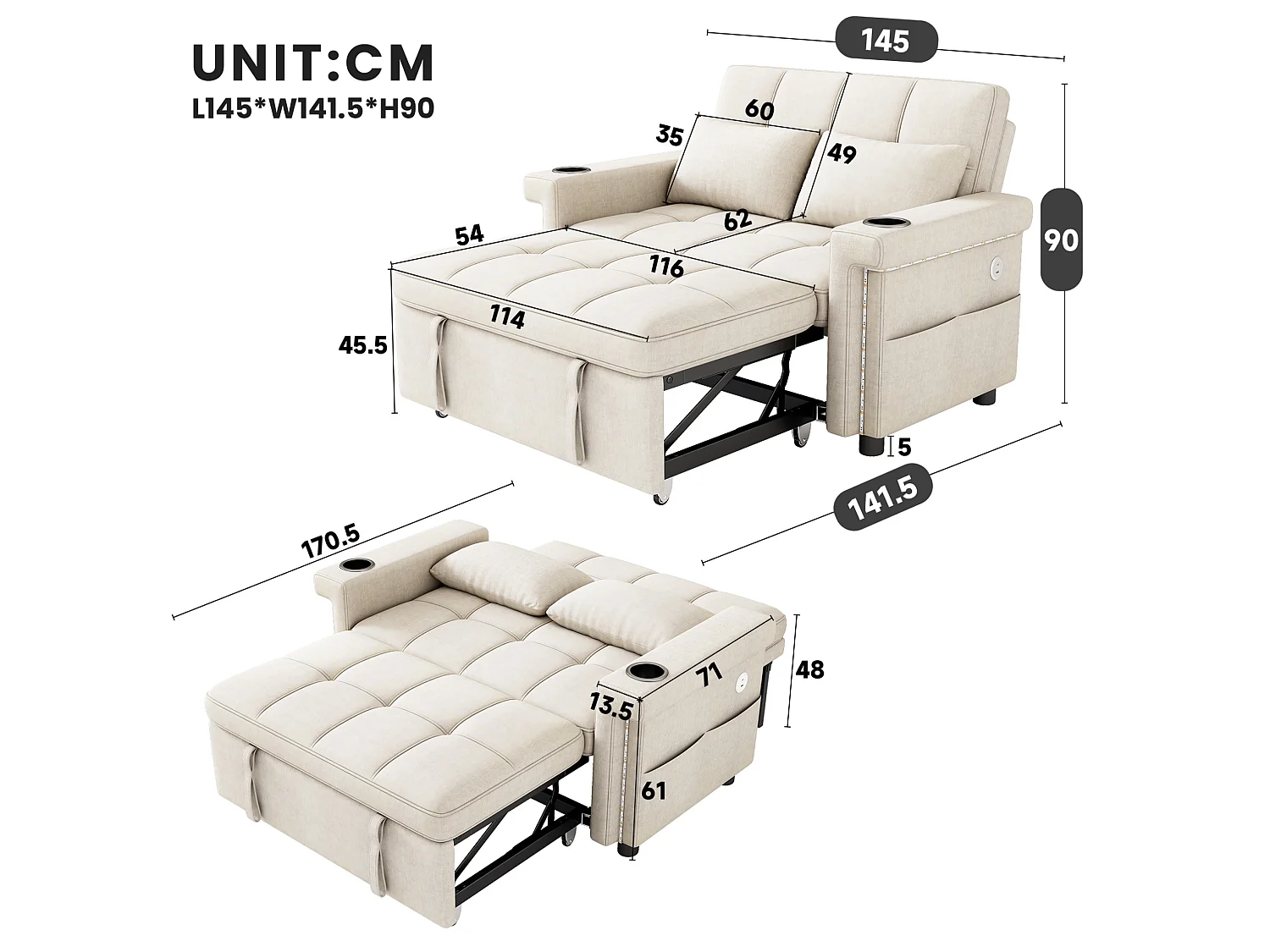 Divano letto a 2 posti con LED e USB/Type-C - Ciniglia beige