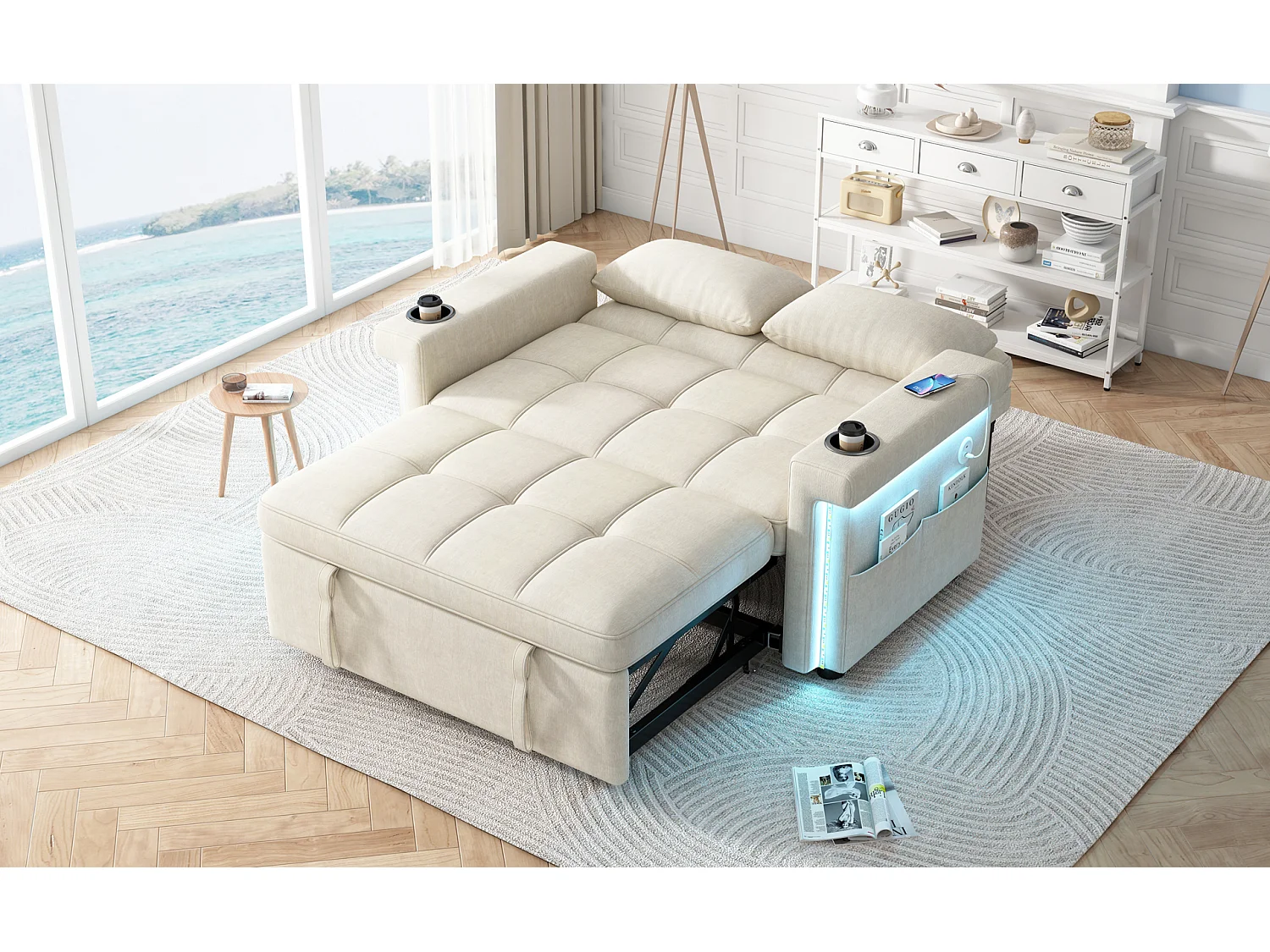 Divano letto a 2 posti con LED e USB/Type-C - Ciniglia beige
