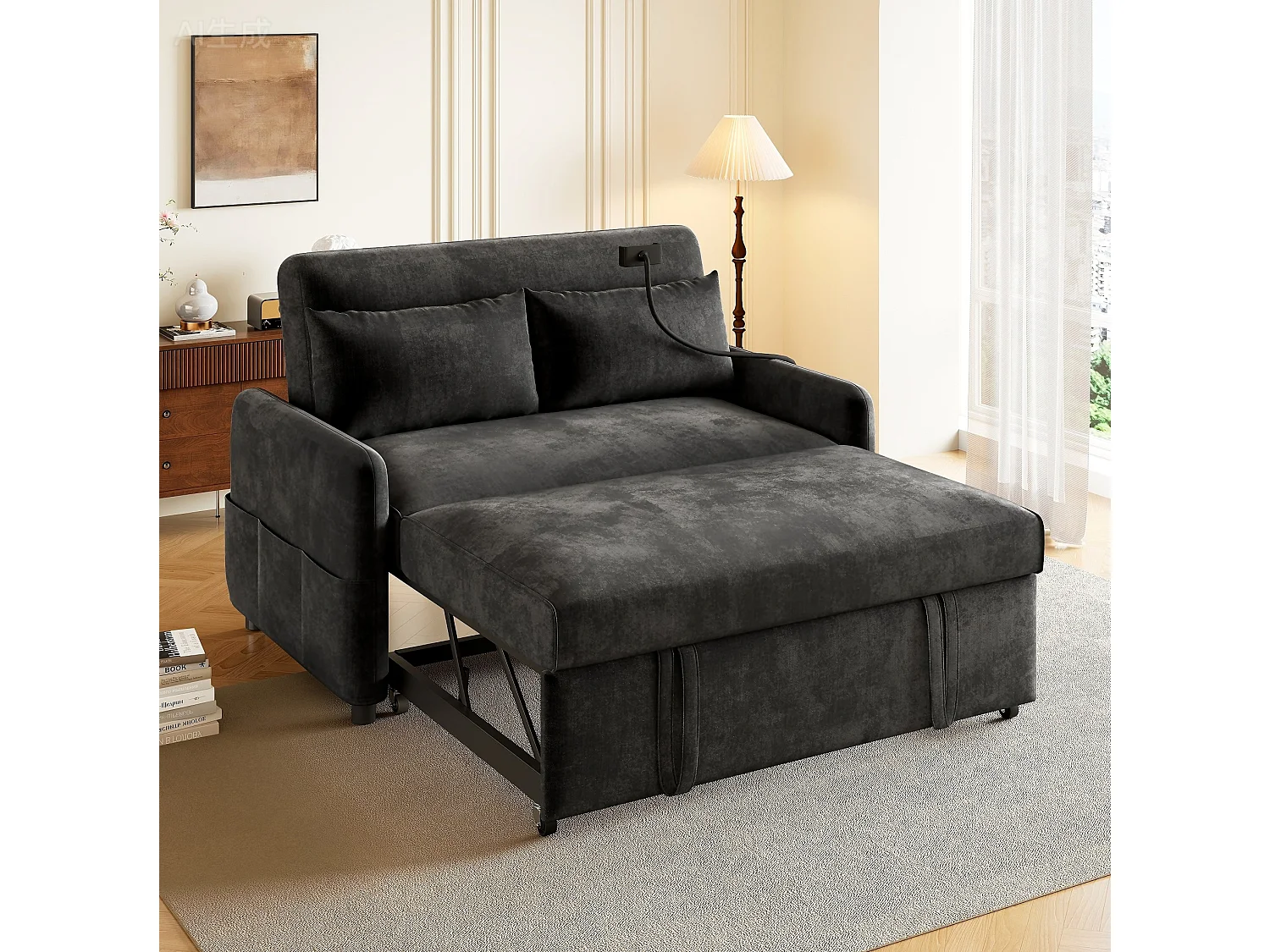 Canapé convertible 2 places en chenille avec USB et dossier réglable - Gris