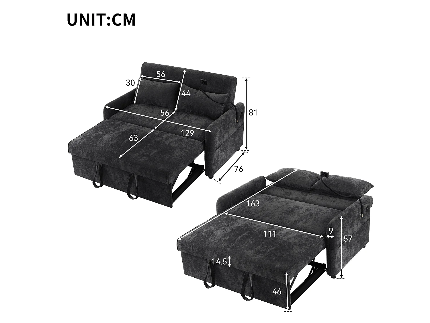 Canapé convertible 2 places en chenille avec USB et dossier réglable - Gris