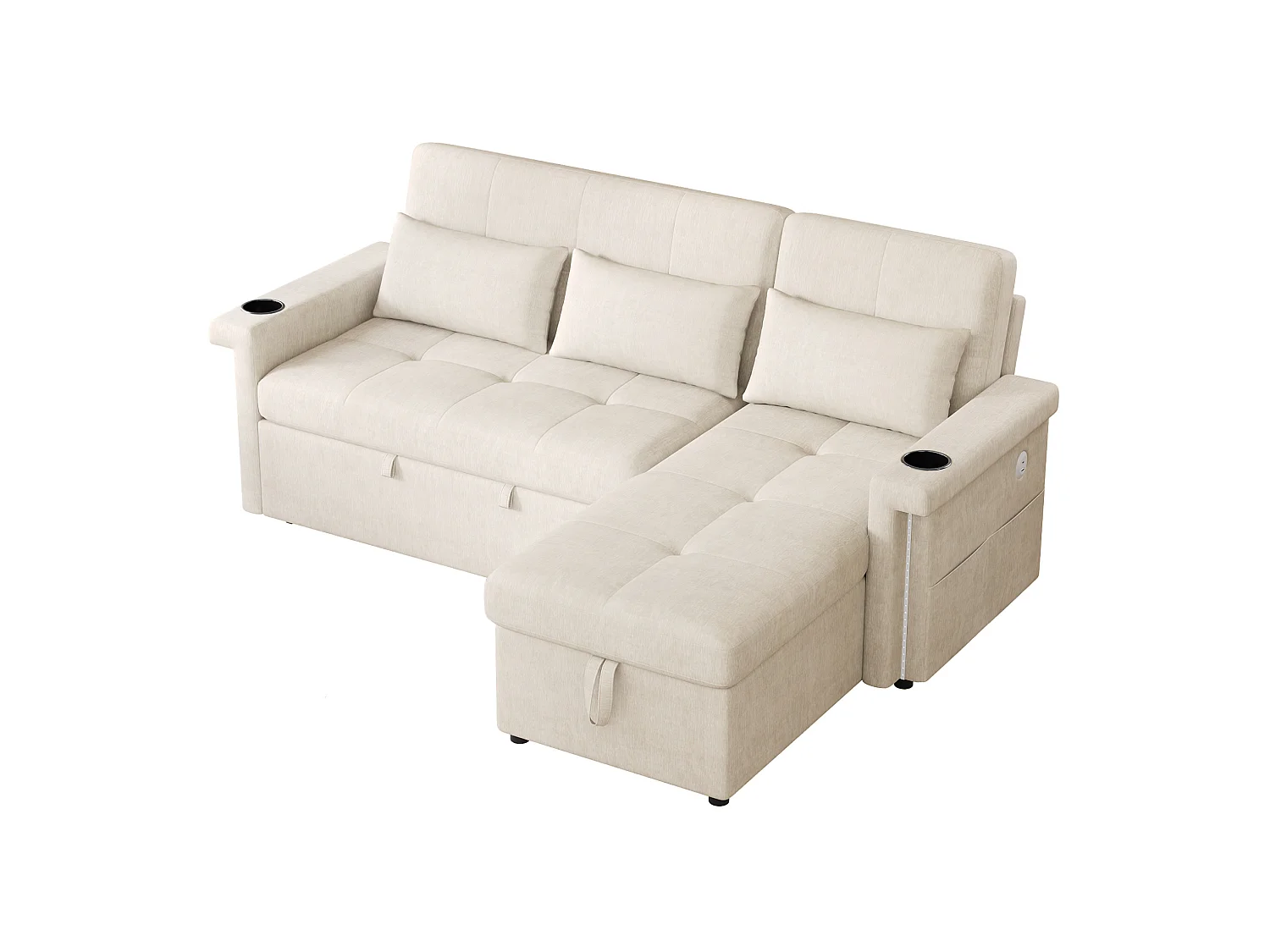 Divano letto angolare a 3 posti in ciniglia con schienale regolabile - Beige