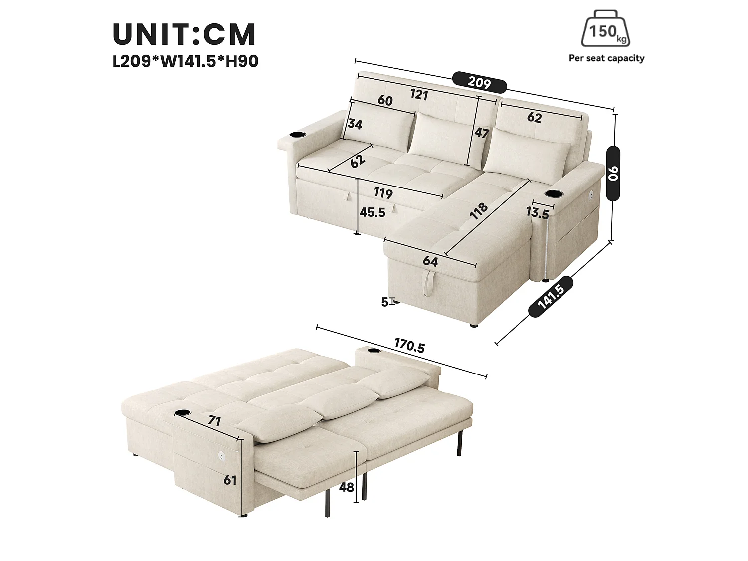Divano letto angolare a 3 posti in ciniglia con schienale regolabile - Beige