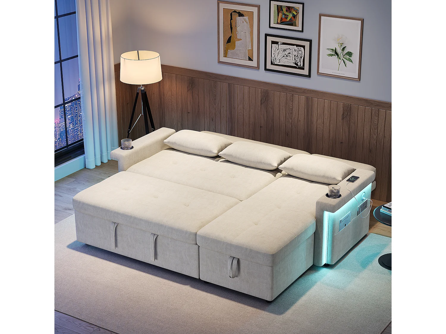 Divano letto angolare a 3 posti in ciniglia con schienale regolabile - Beige