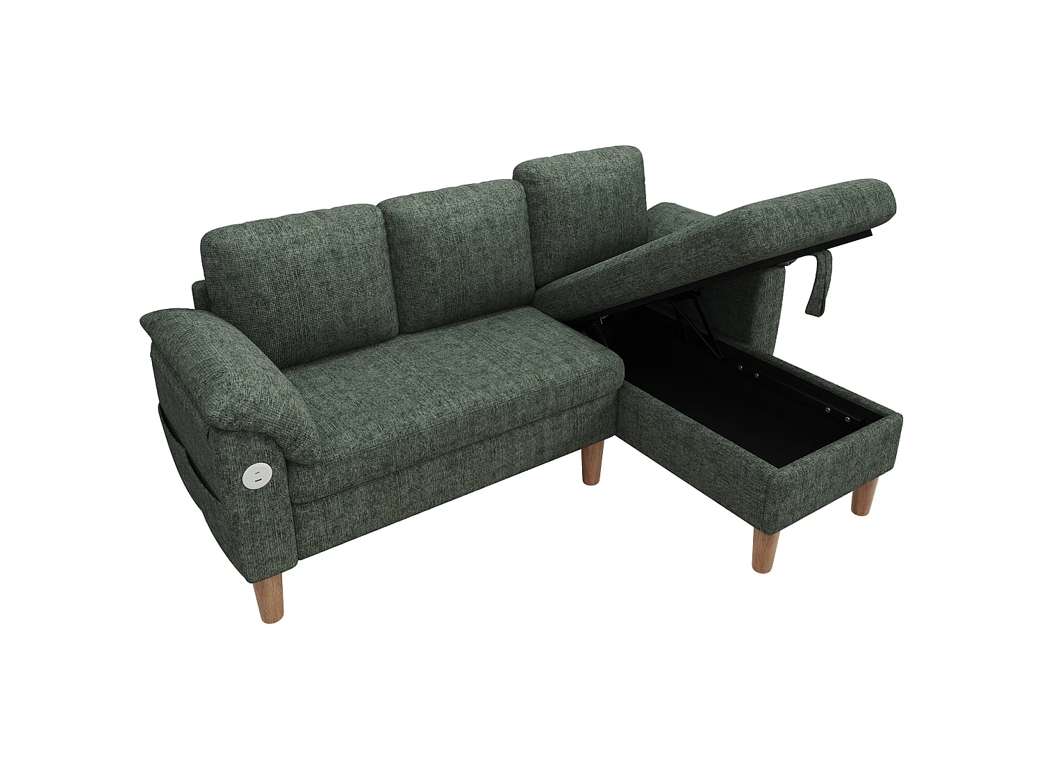 Canapé d'angle 3 places avec rangement et port USB/Type-C - Tissu chenille - Vert