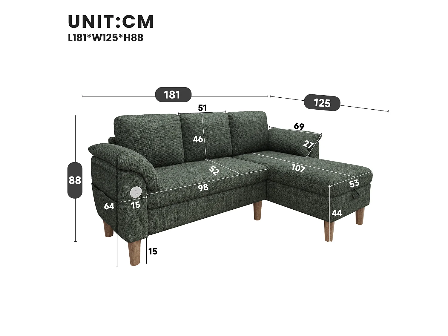 Canapé d'angle 3 places avec rangement et port USB/Type-C - Tissu chenille - Vert