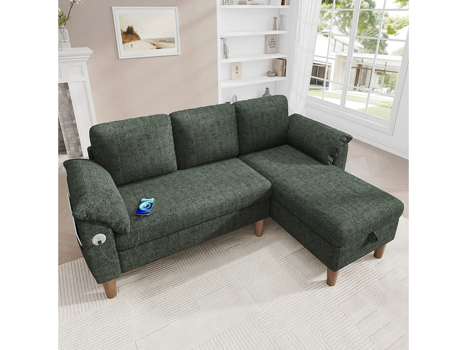 Canapé d'angle 3 places avec rangement et port USB/Type-C - Tissu chenille - Vert