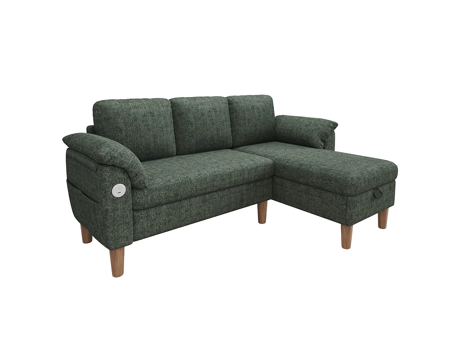 Canapé d'angle 3 places avec rangement et port USB/Type-C - Tissu chenille - Vert