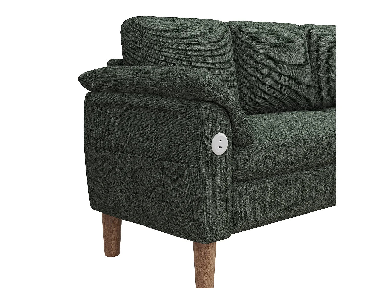 Canapé d'angle 3 places avec rangement et port USB/Type-C - Tissu chenille - Vert