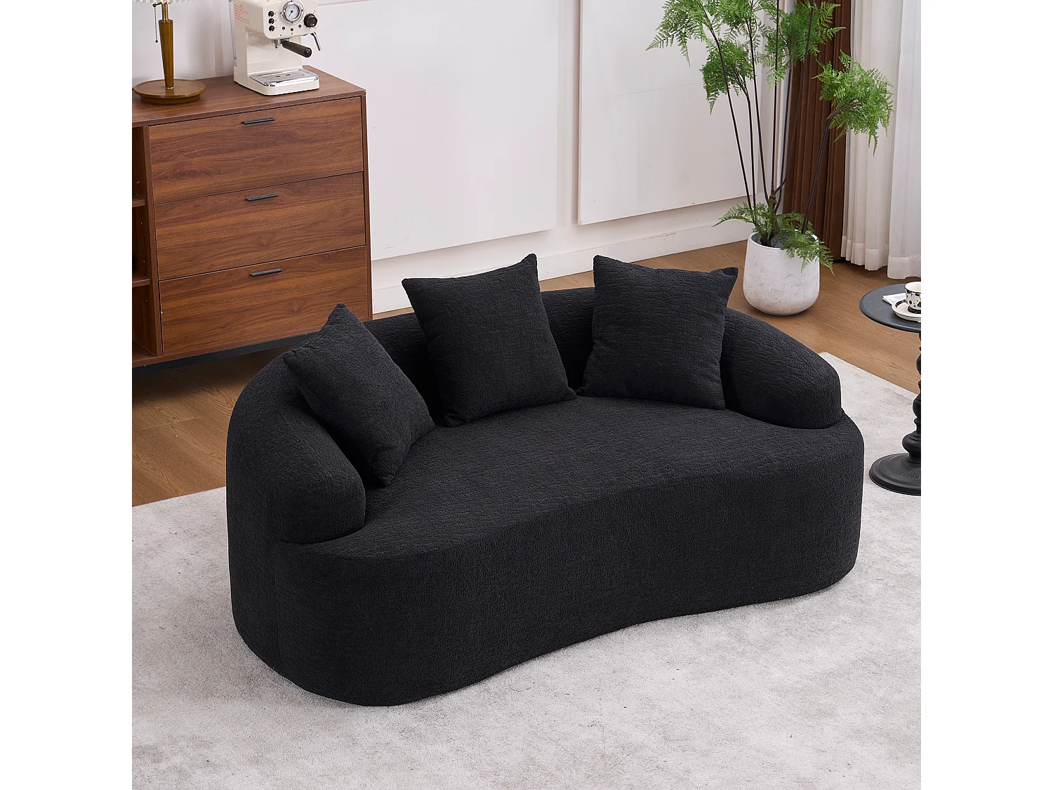 Canapé 2 places petit incurvé en chenille avec 3 coussins - Noir