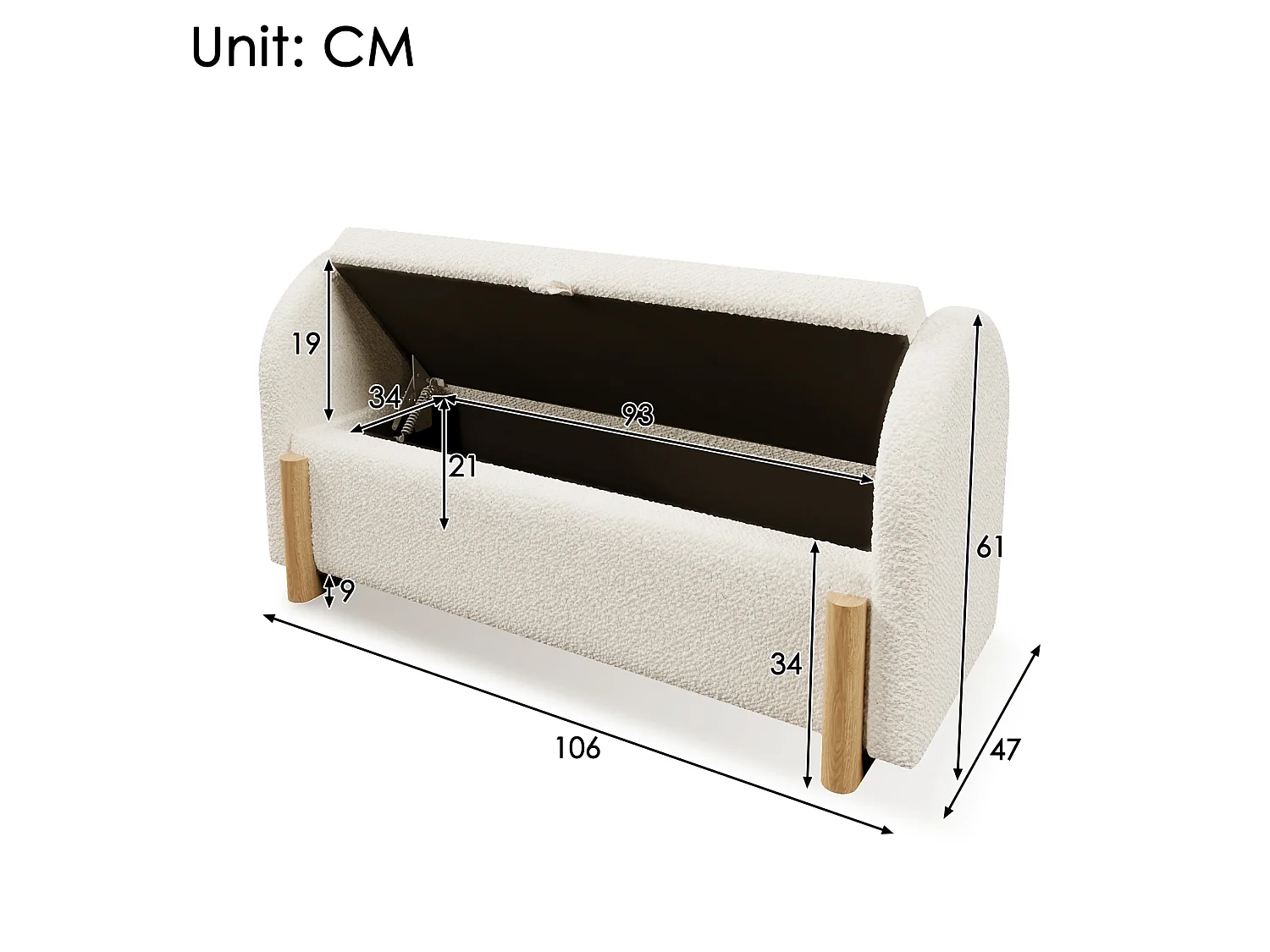 Banc en tissu bouclé 106 cm avec rangement hydraulique - Blanc