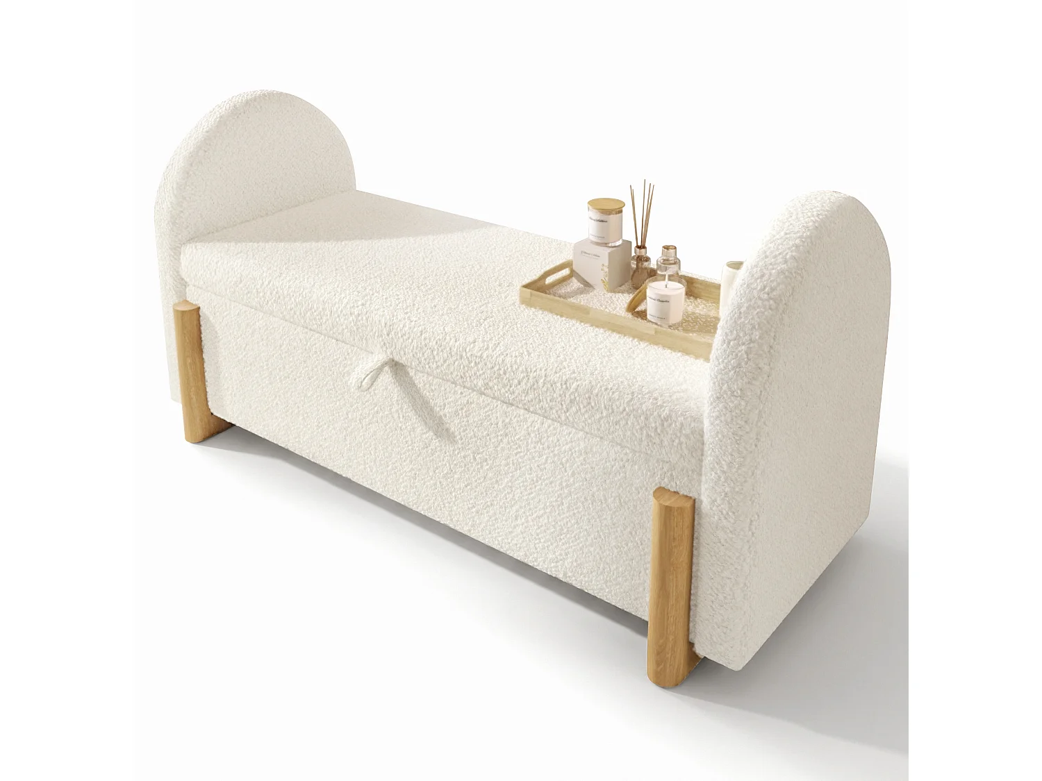 Banc en tissu bouclé 106 cm avec rangement hydraulique - Blanc