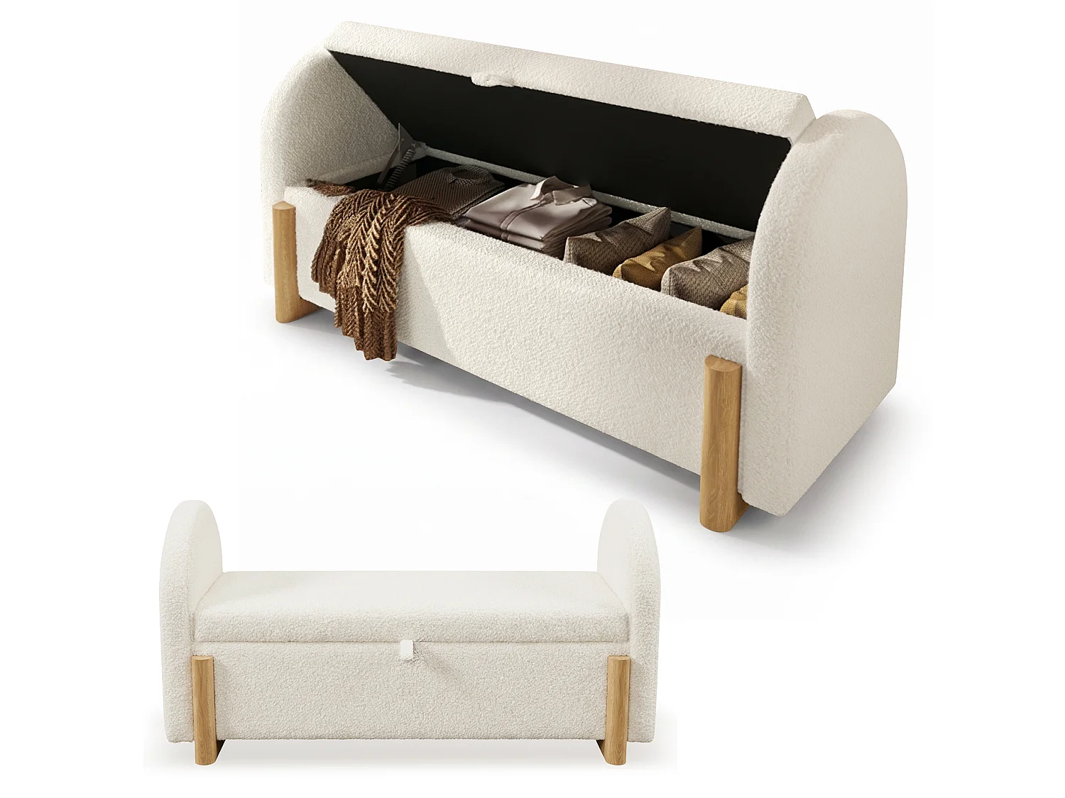 Banc en tissu bouclé 106 cm avec rangement hydraulique - Blanc