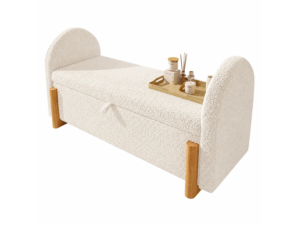 Banc en tissu bouclé 106 cm avec rangement hydraulique - Blanc