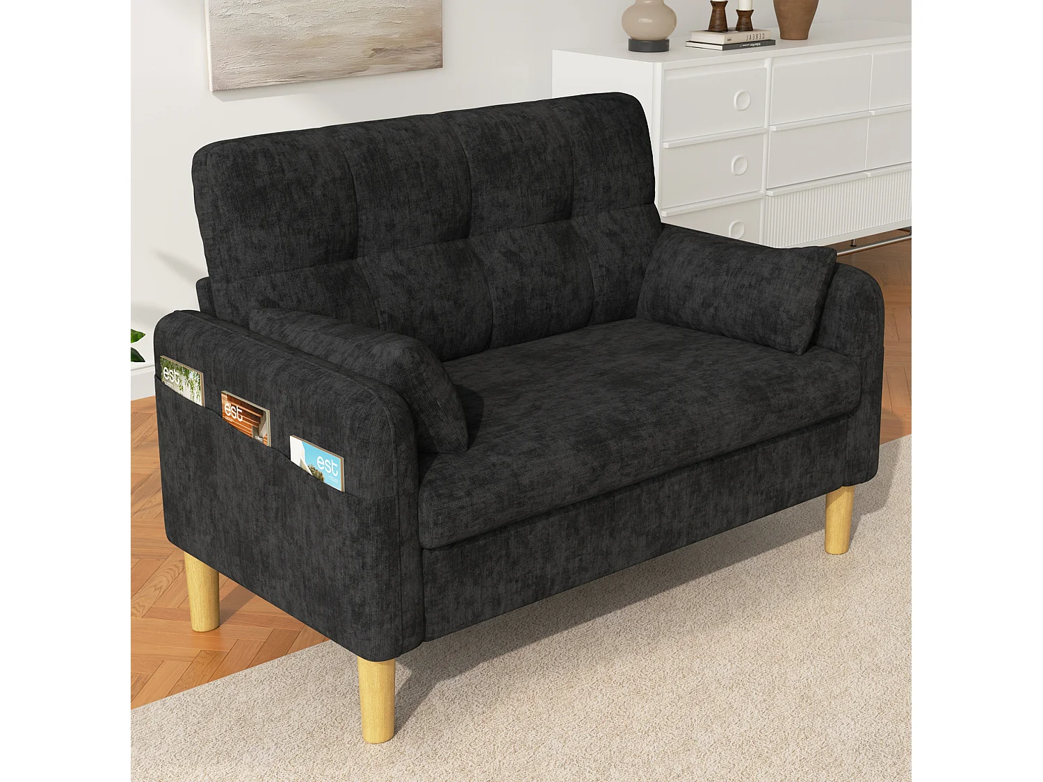 Canapé 2 places petite en tissu chenille avec coussins - Gris foncé