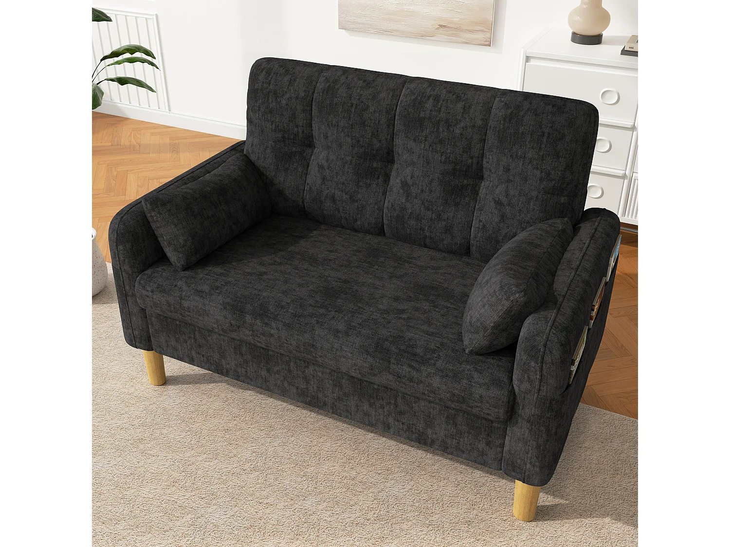 Canapé 2 places petite en tissu chenille avec coussins - Gris foncé