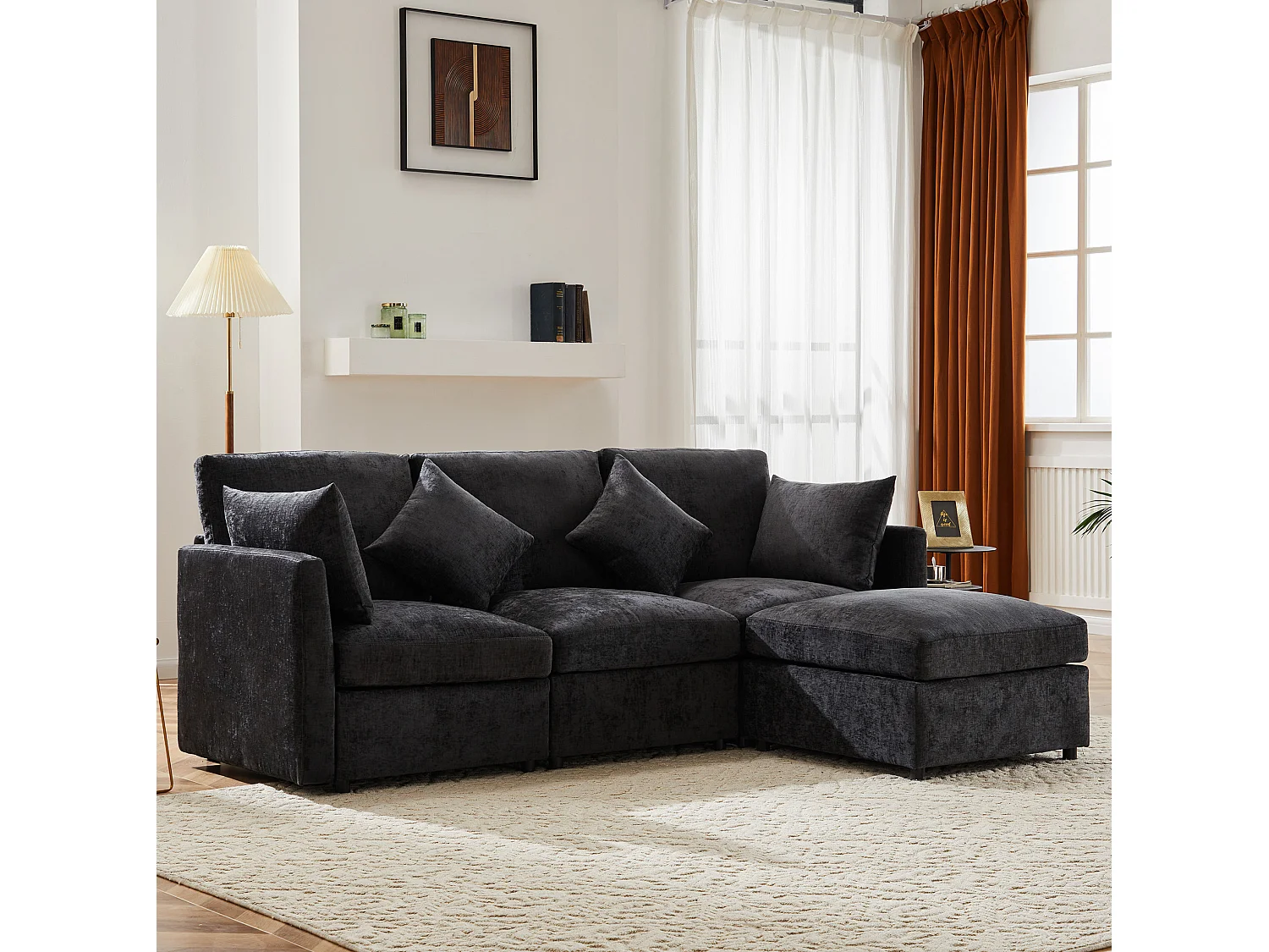Canapé 3 places en chenille avec pouf et 4 coussins - Gris