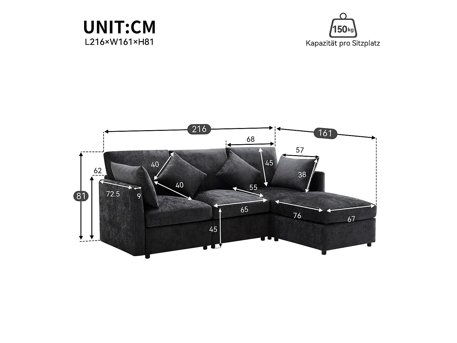 Canapé 3 places en chenille avec pouf et 4 coussins - Gris