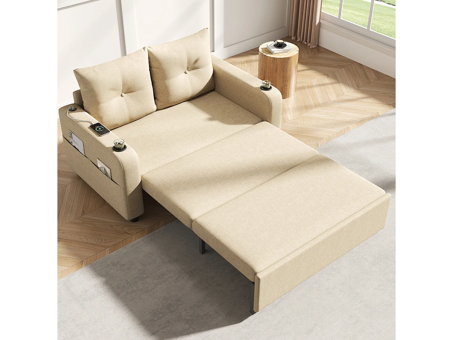 Divano letto in tessuto a 2 posti con porte USB/Type-C e cuscini - Beige