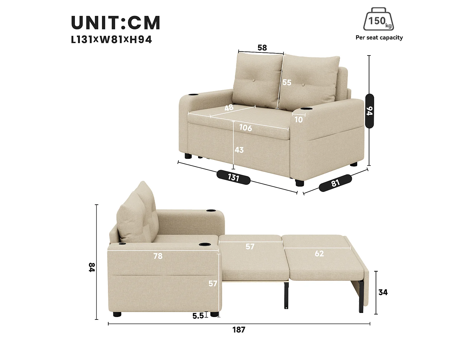 Divano letto in tessuto a 2 posti con porte USB/Type-C e cuscini - Beige
