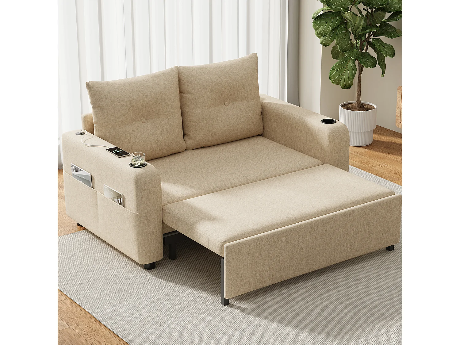 Divano letto in tessuto a 2 posti con porte USB/Type-C e cuscini - Beige