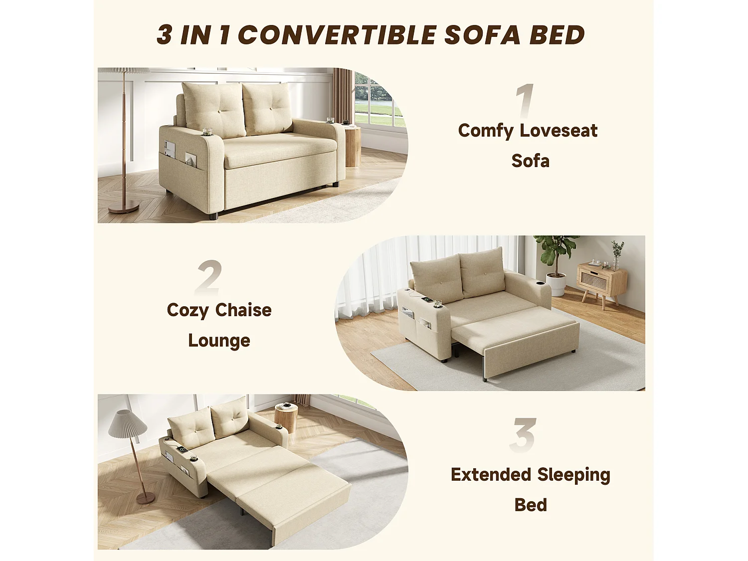 Divano letto in tessuto a 2 posti con porte USB/Type-C e cuscini - Beige