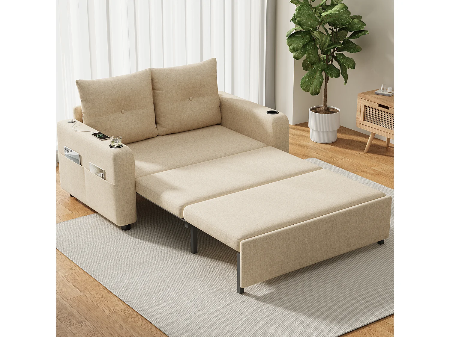Divano letto in tessuto a 2 posti con porte USB/Type-C e cuscini - Beige