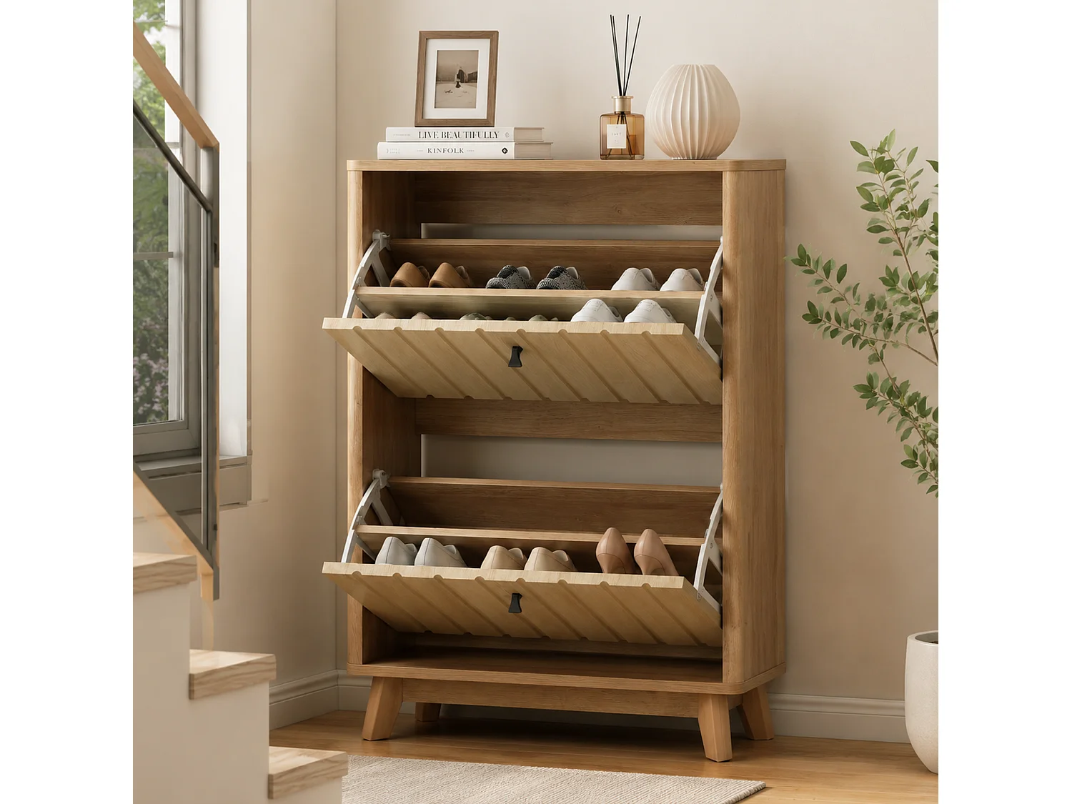 Meuble à chaussures 60 cm - Système pliable ultra-fin - Naturel foncé