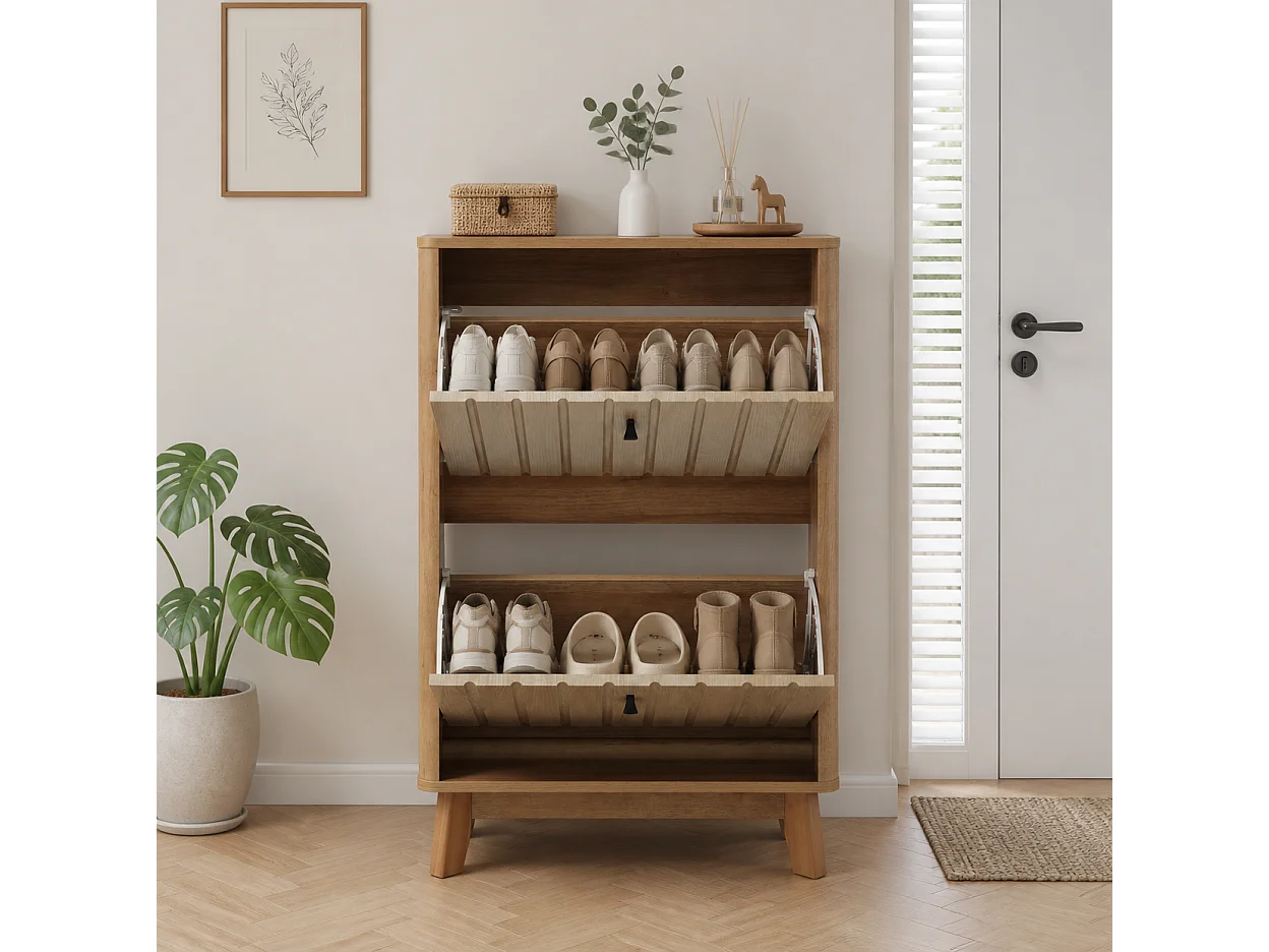 Meuble à chaussures 60 cm - Système pliable ultra-fin - Naturel foncé