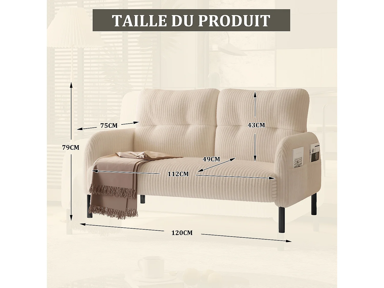 Canapé 2 places 120 cm en velours côtelé avec pieds métal - Beige