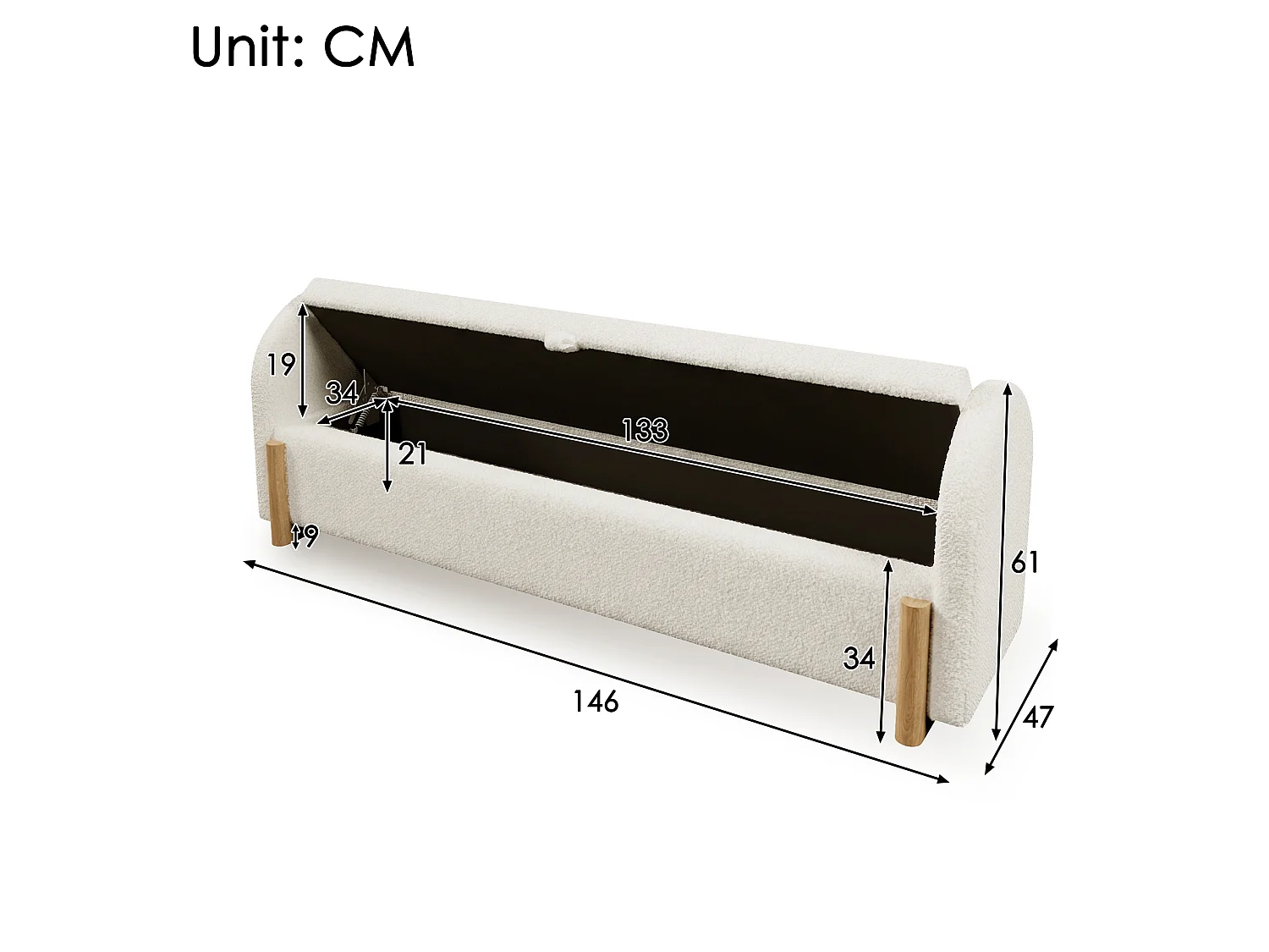 Banc en tissu bouclé 146 cm avec rangement hydraulique - Blanc
