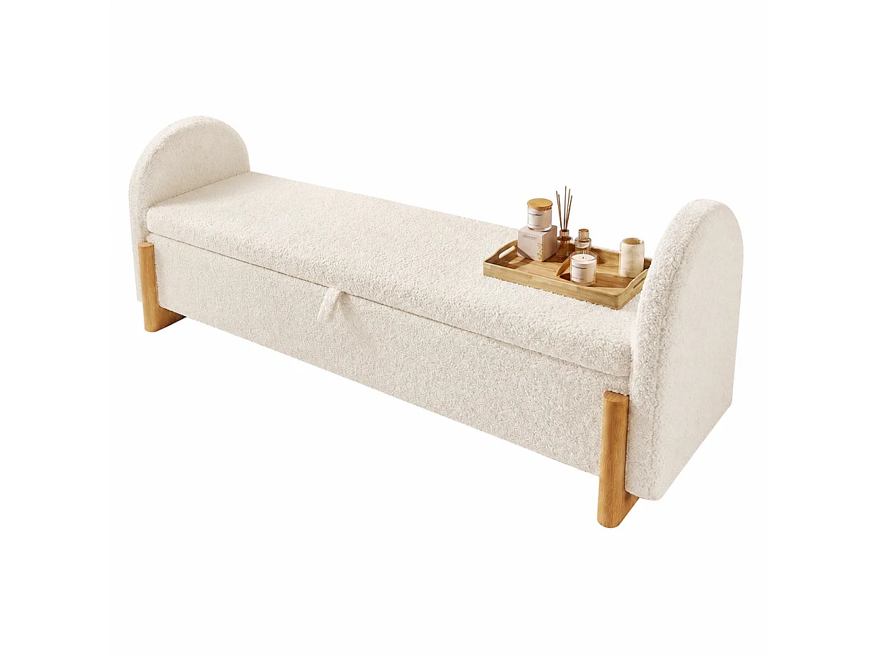 Banc en tissu bouclé 146 cm avec rangement hydraulique - Blanc