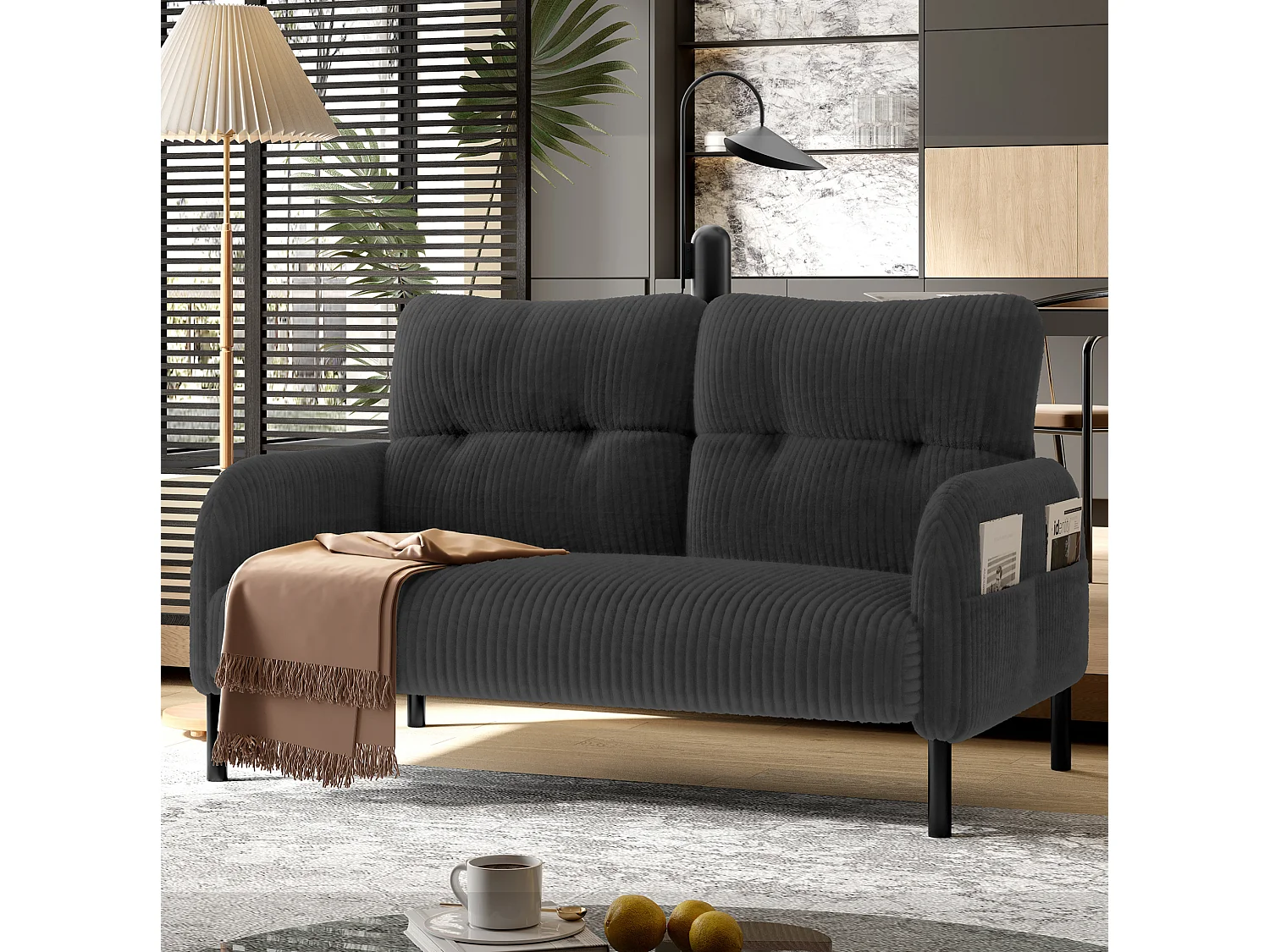 Canapé 2 places 120 cm en velours côtelé avec pieds métal - Gris