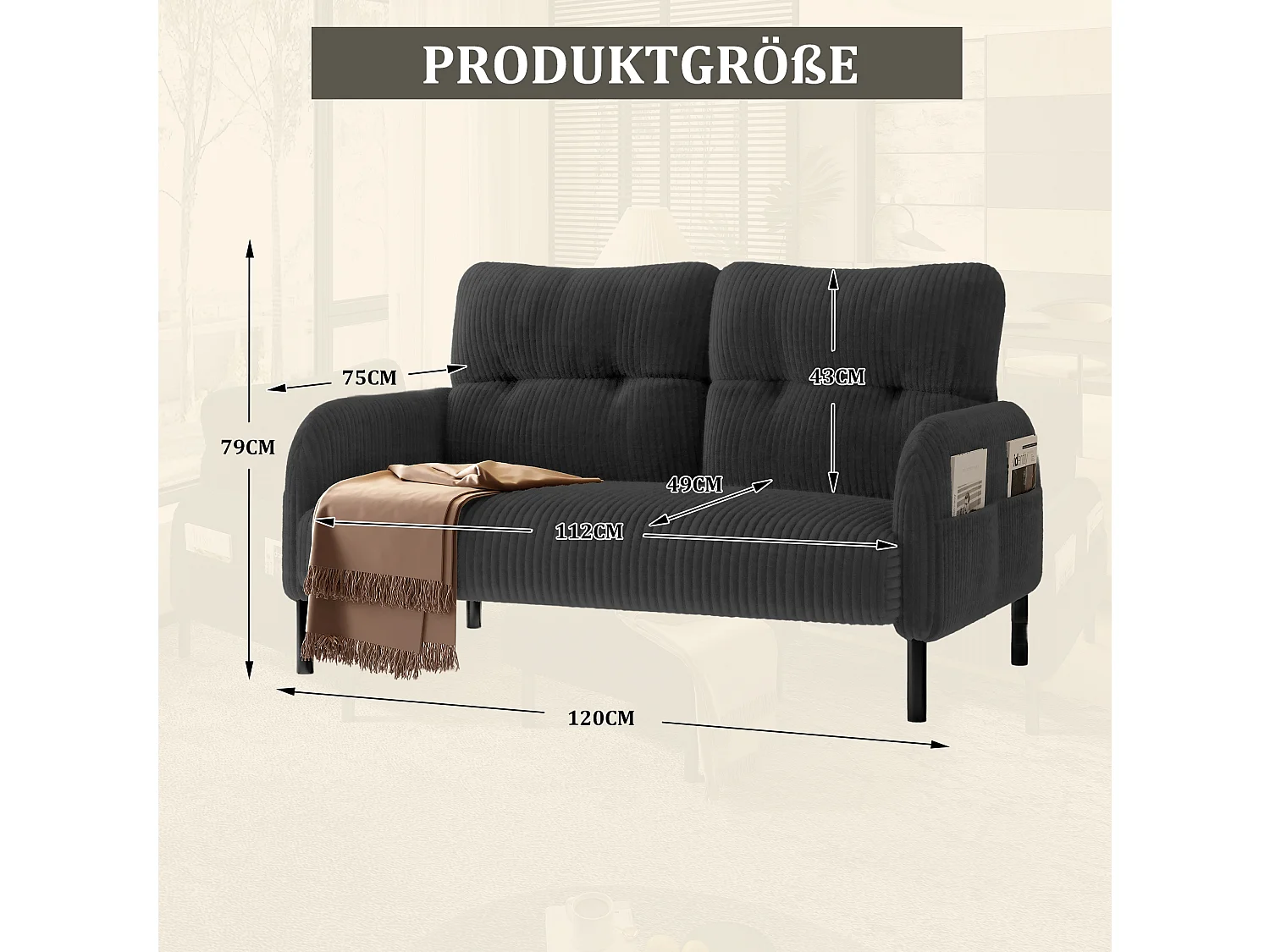 Canapé 2 places 120 cm en velours côtelé avec pieds métal - Gris